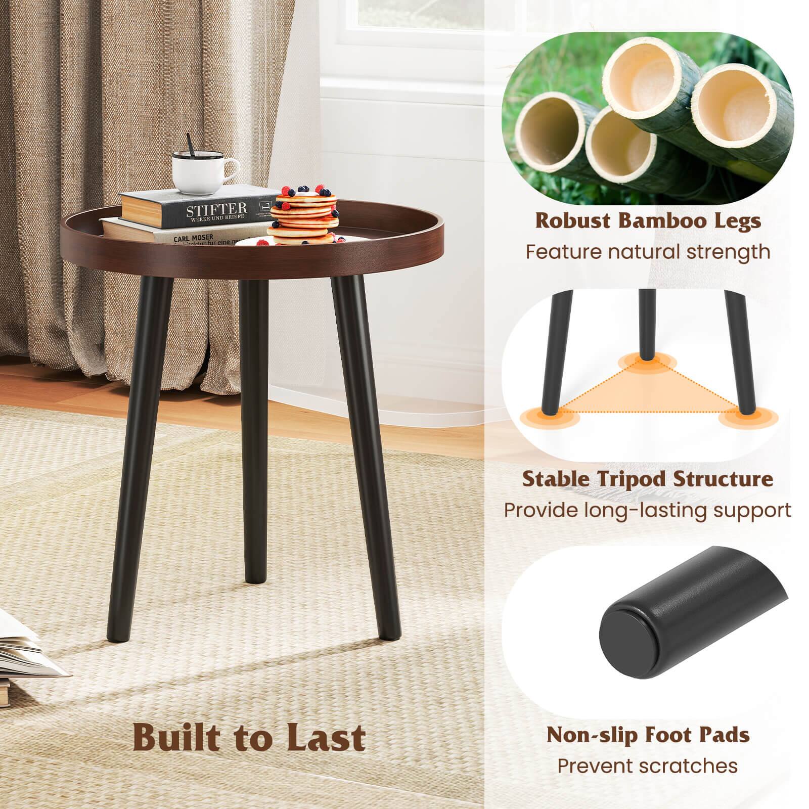 The text on the image is grouped as follows:

1. Robust Bamboo Legs: Feature natural strength.
2. Stable Tripod Structure: Provide long-lasting support.
3. Built to Last: Non-slip foot pads prevent scratches.
