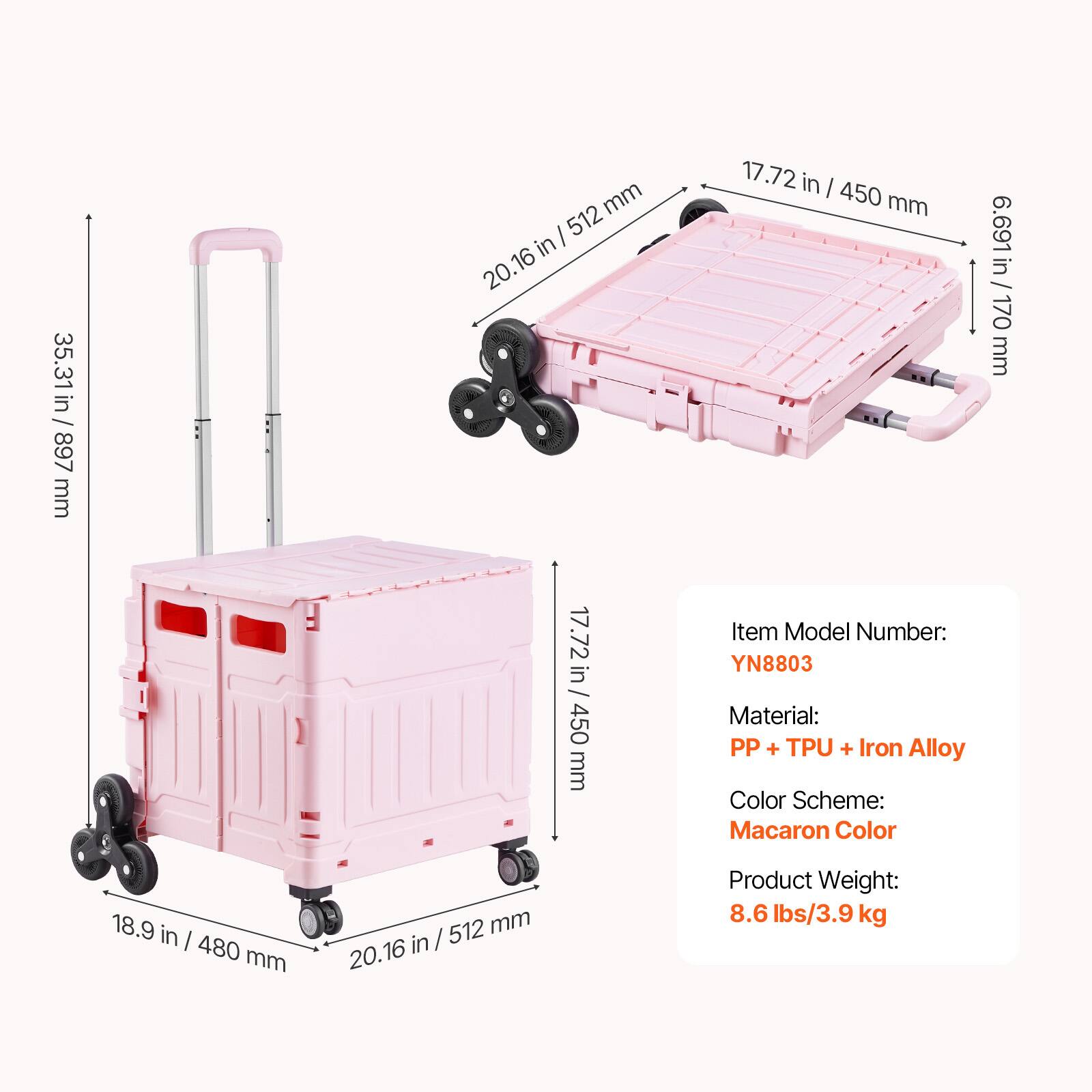 35.31 in / 897 mm  
512 mm  
17.72 in / 450 mm  
6.69 in / 170 mm  
18.9 in / 480 mm  
20.16 in / 512 mm  

Item Model Number: YN8803  
Material: PP + TPU + Iron Alloy  
Color Scheme: Macaron Color  
Product Weight: 8.6 lbs / 3.9 kg