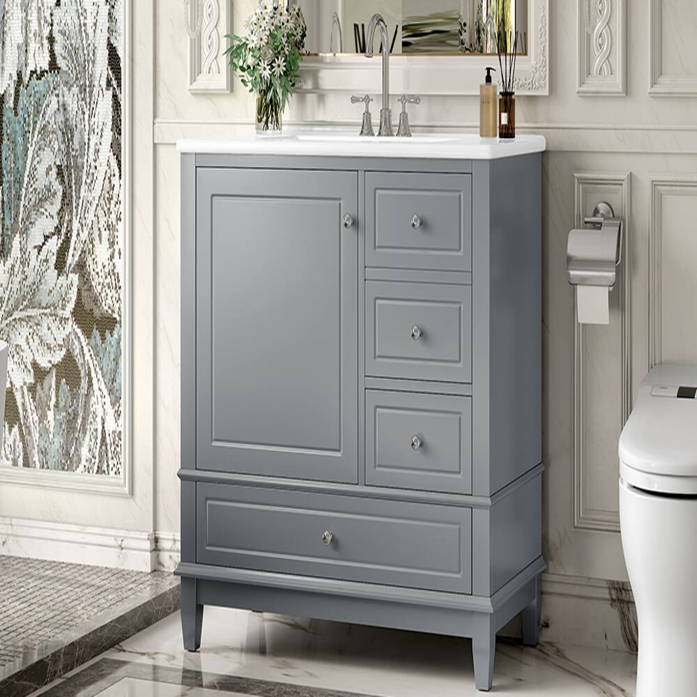 Alt View 8. Loheer - Loheer 36 inch bathroom vanity with ceramic sink top, gray freestanding vanity, 3 drawers and cabinet - Gray.