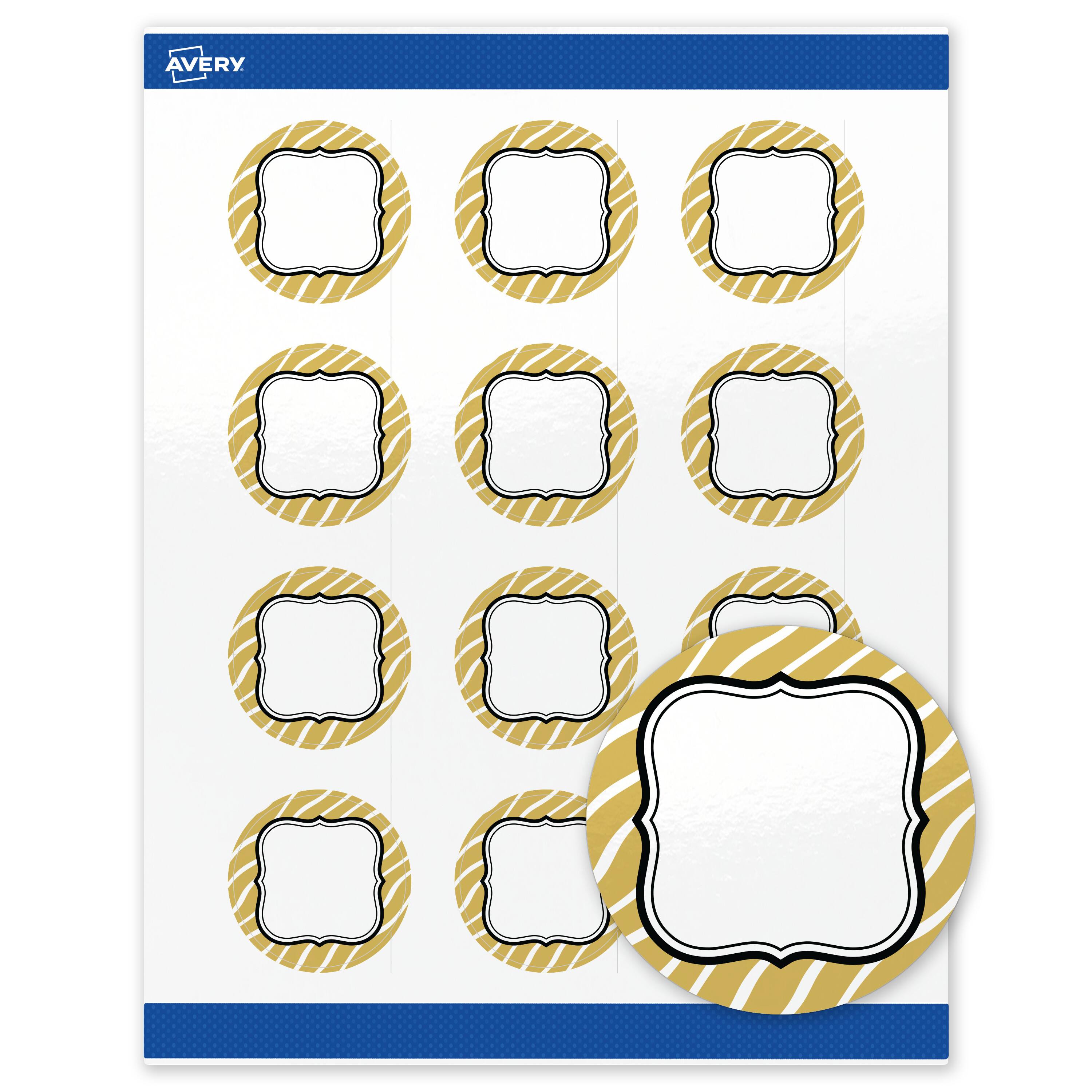 Front. Avery - Avery Labels, 2" Diameter, Glossy White, Metallic Gold Zebra Pattern - White.