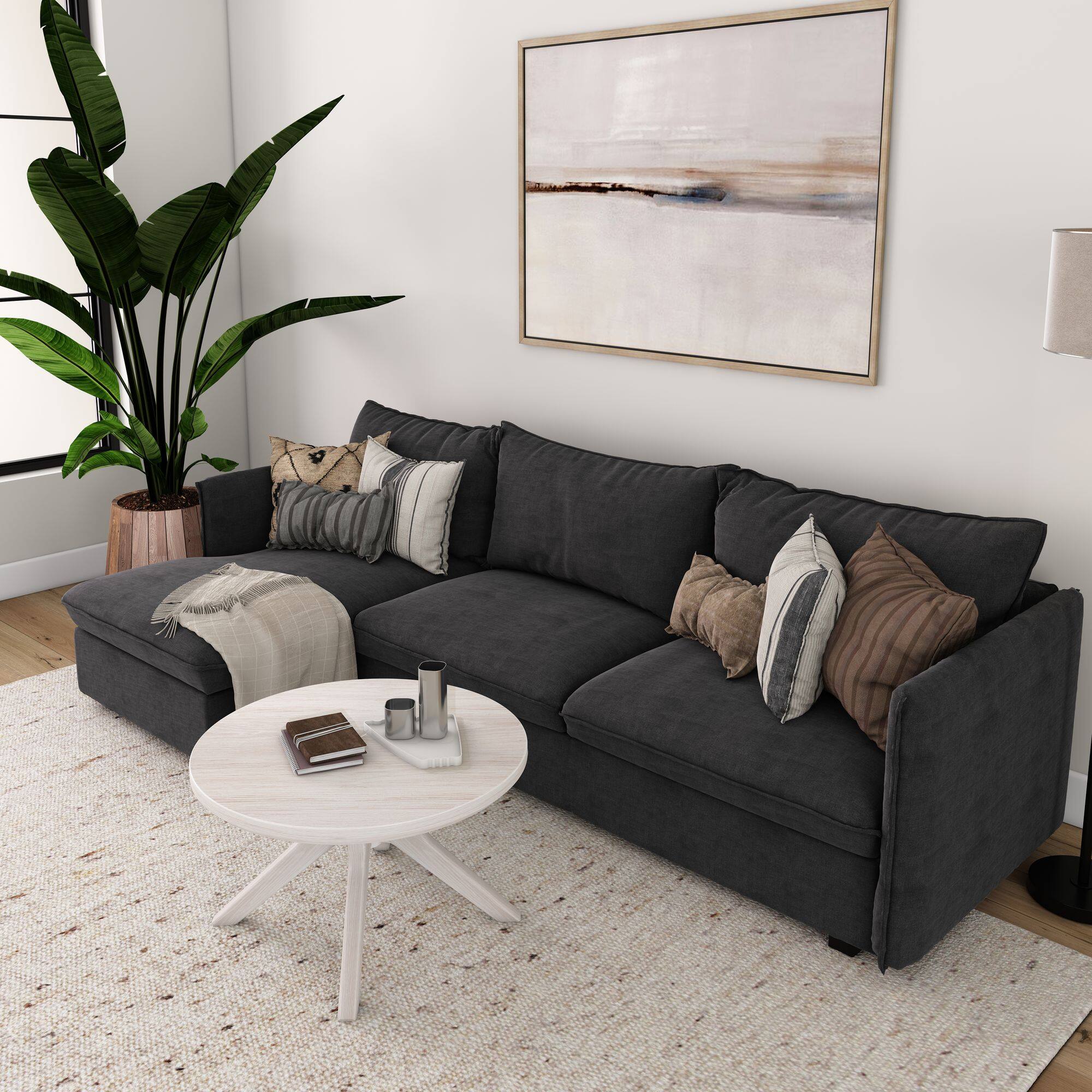 Alt View 4. Plank+Beam - Cross Leg Round Coffee Table (30in x 30in / 760mm x 760mm), White Sand Wirebrush - White Sand Wirebrush.