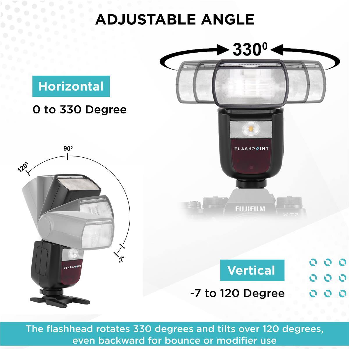 ADJUSTABLE ANGLE

Horizontal
0 to 330 Degree

Vertical
-7 to 120 Degree

The flashhead rotates 330 degrees and tilts over 120 degrees, even backward for bounce or modifier use