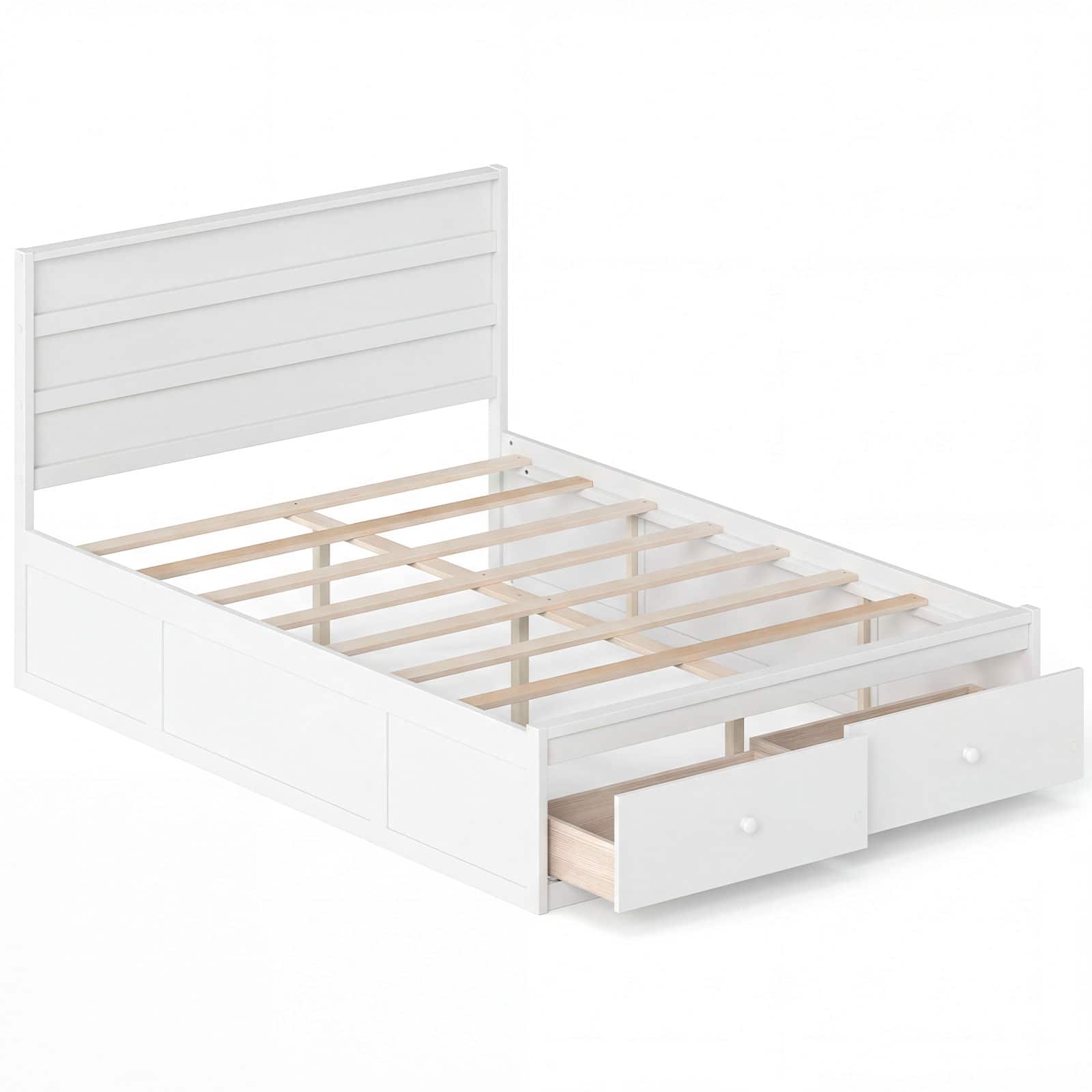 Gymax - Full Size Bed Frame w/Storage Drawers Headboard Wooden Slat Support - White