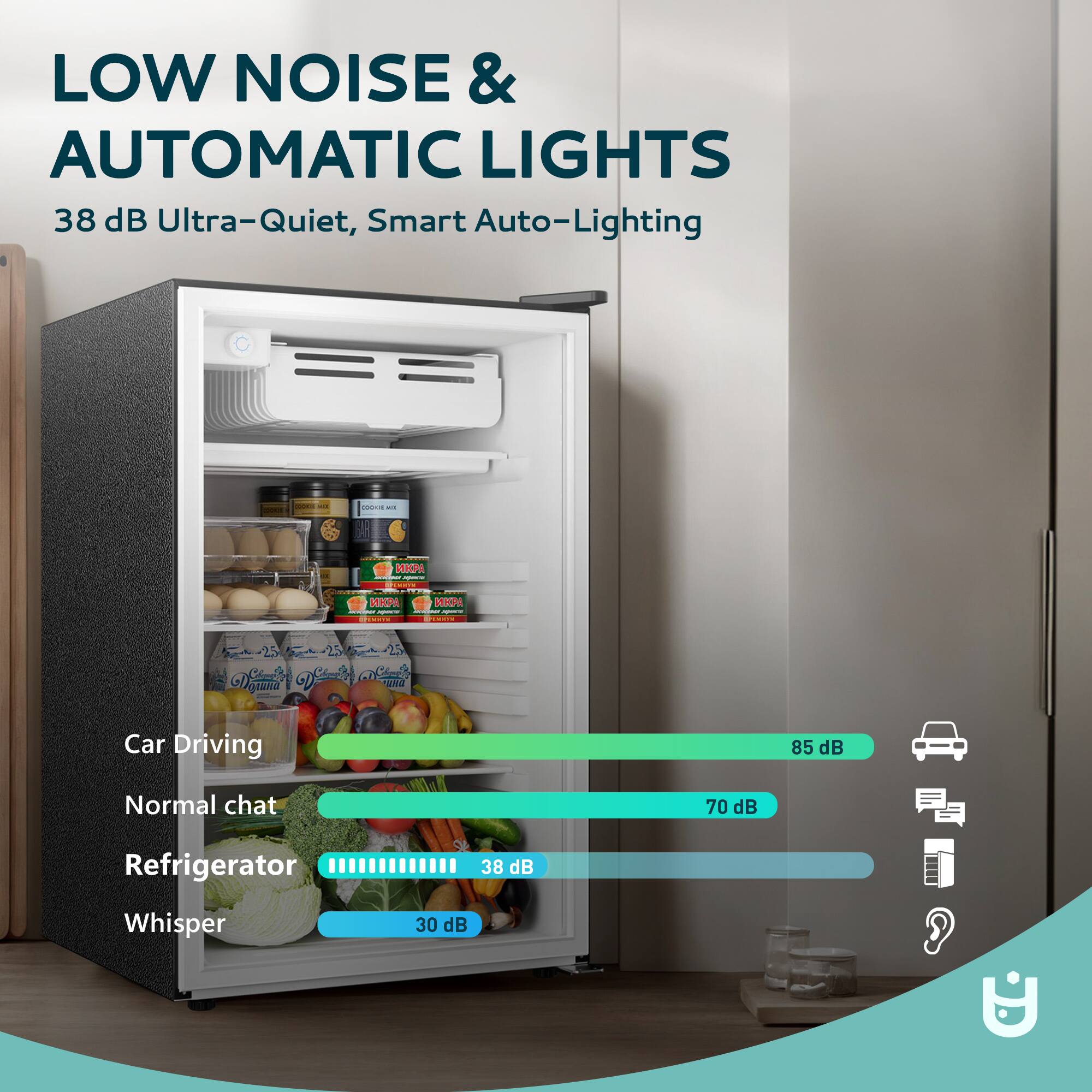 LOW NOISE & AUTOMATIC LIGHTS  
38 dB Ultra-Quiet, Smart Auto-Lighting  

- Car Driving: 85 dB  
- Normal chat: 70 dB  
- Refrigerator: 38 dB  
- Whisper: 30 dB