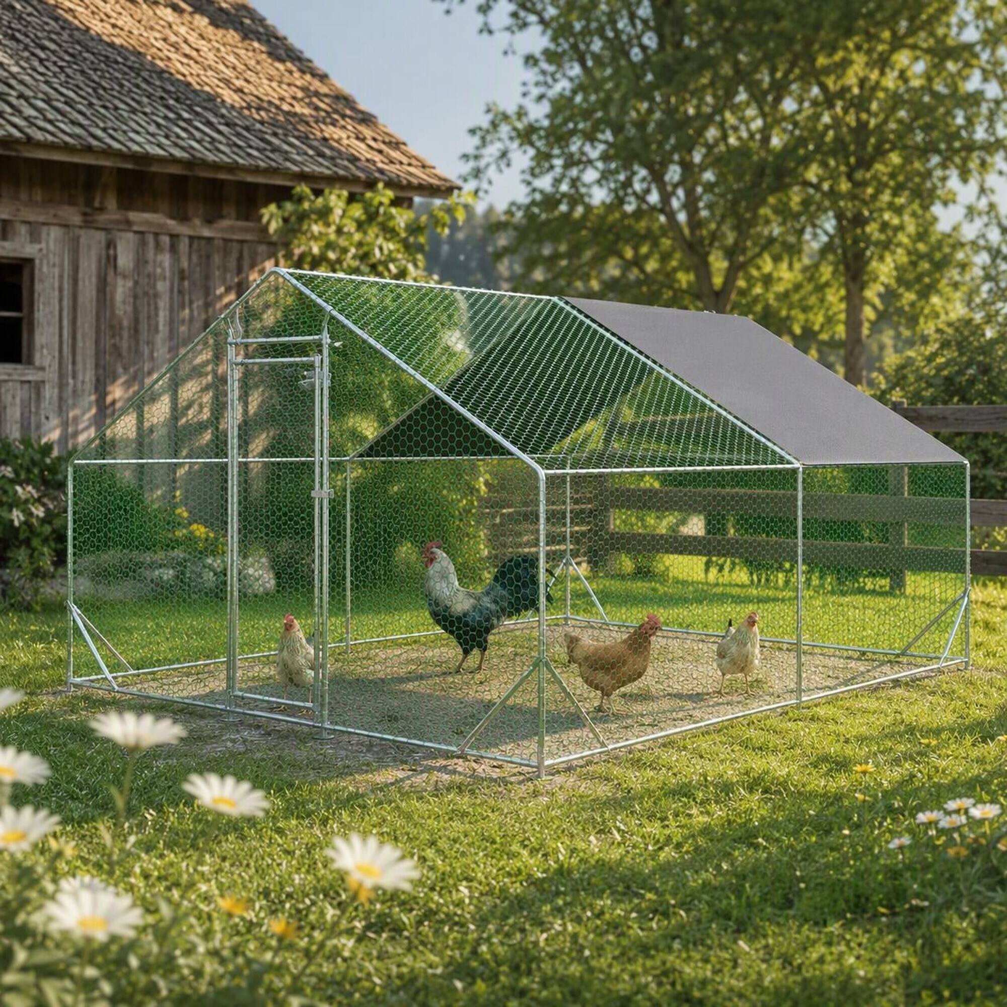 Back. RYHNUYNE - Large Metal Chicken Coop, Galvanized Walk-in Poultry Cage with Anti-UV Cover, 10' x 13' x 6.56' Outdoor Run.