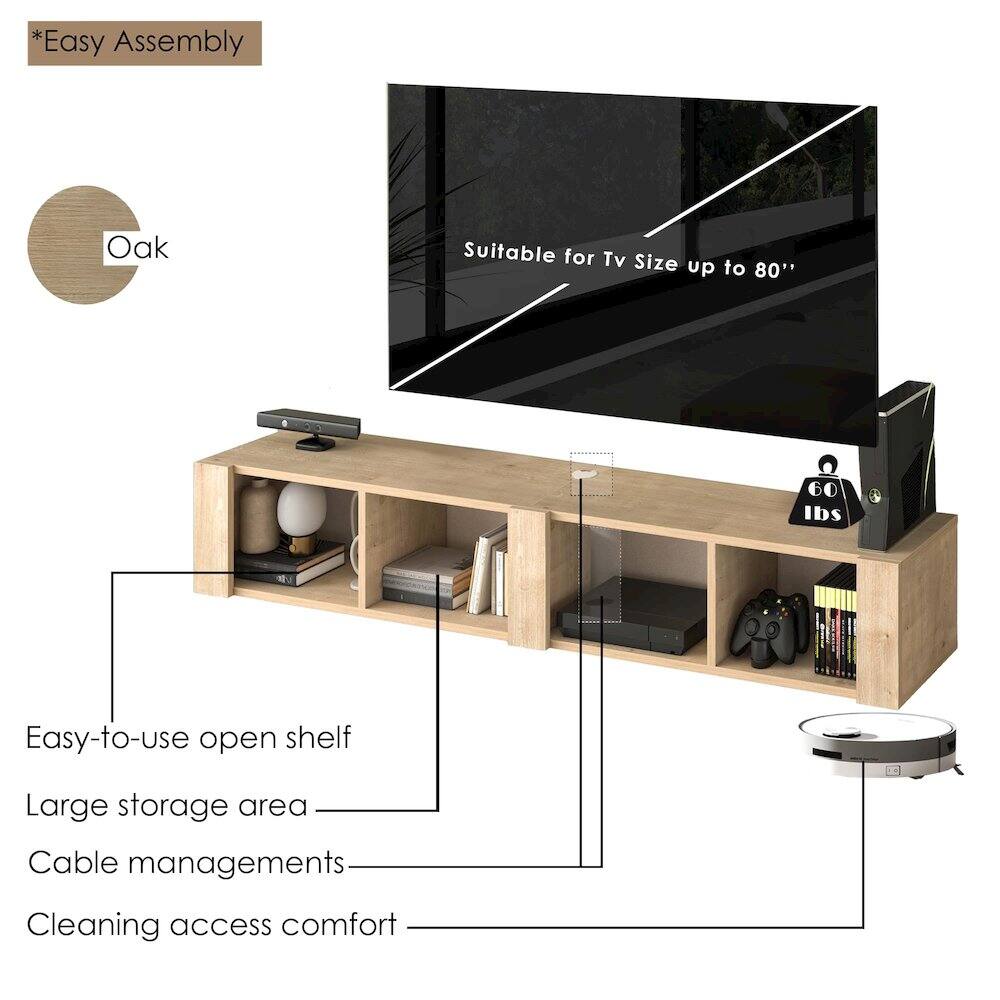 - Easy Assembly
- Oak
- Suitable for TV Size up to 80"
- Easy-to-use open shelf
- Large storage area
- Cable management
- Cleaning access comfort