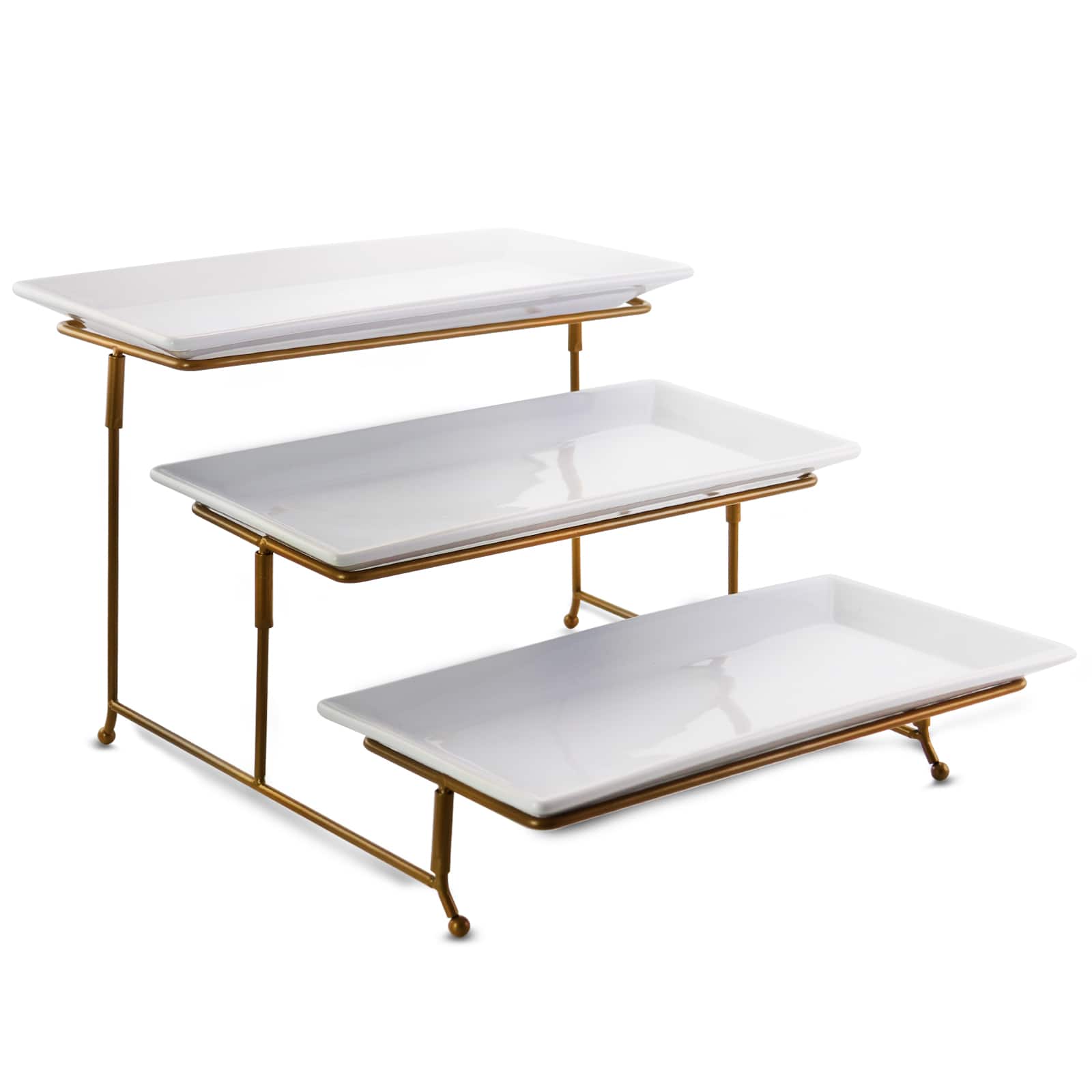 Gibson - Elite Gracious Dining 3 Tiered Rectangle Porcelain Plate Set with Gold Metal Stand - White