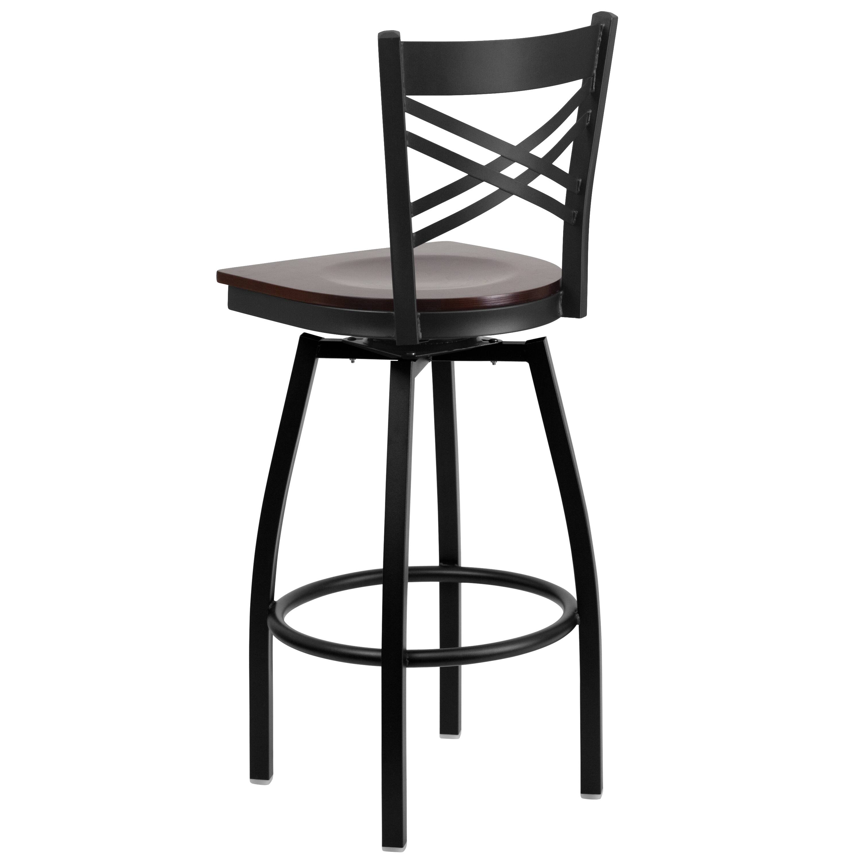 Alt View 3. Emma + Oliver - "X" Back Swivel Metal Restaurant Dining Barstool - Walnut Wood Seat/Black Metal Frame.