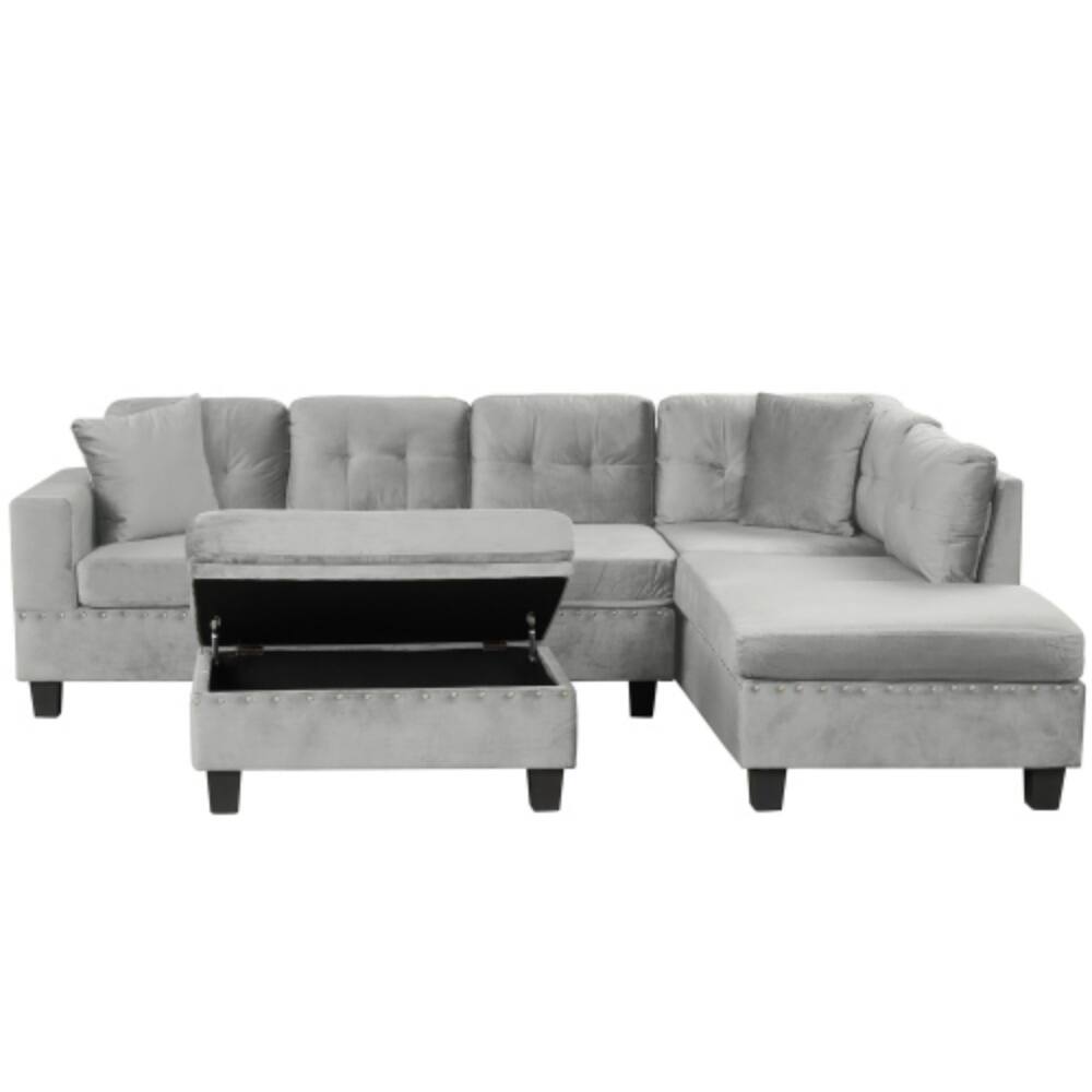 Alt View 4. LUCKY ONE - 105" L-Shape Modern Sectional Sofa w/ Storage Ottoman 2 Pillows Cup Holders Chaise - Gray.