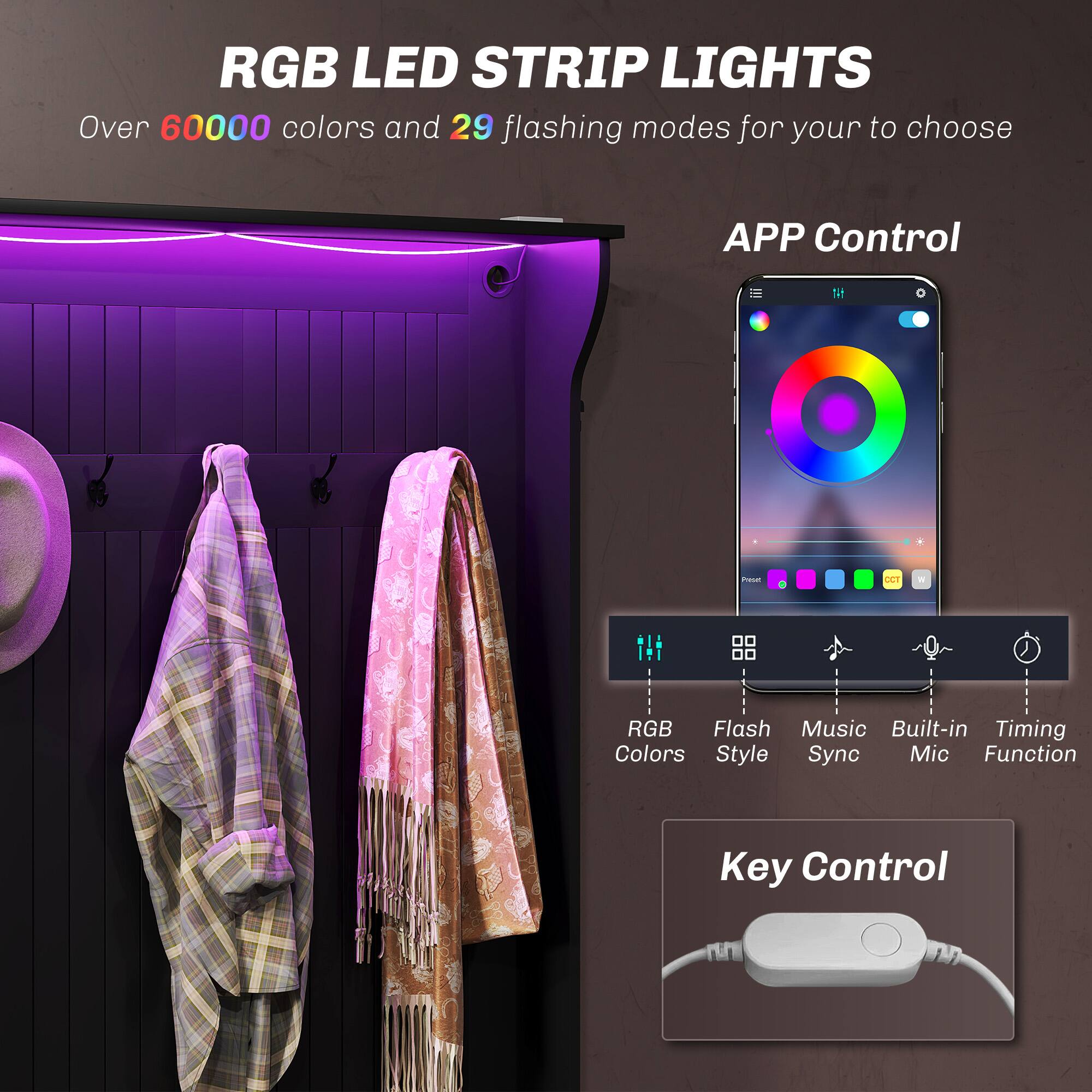 RGB LED STRIP LIGHTS Over 60000 colors and 29 flashing modes for your to choose APP Control COT - RGB Colors Flash Style Music Built-in Timing Sync Mic Function Key Control
