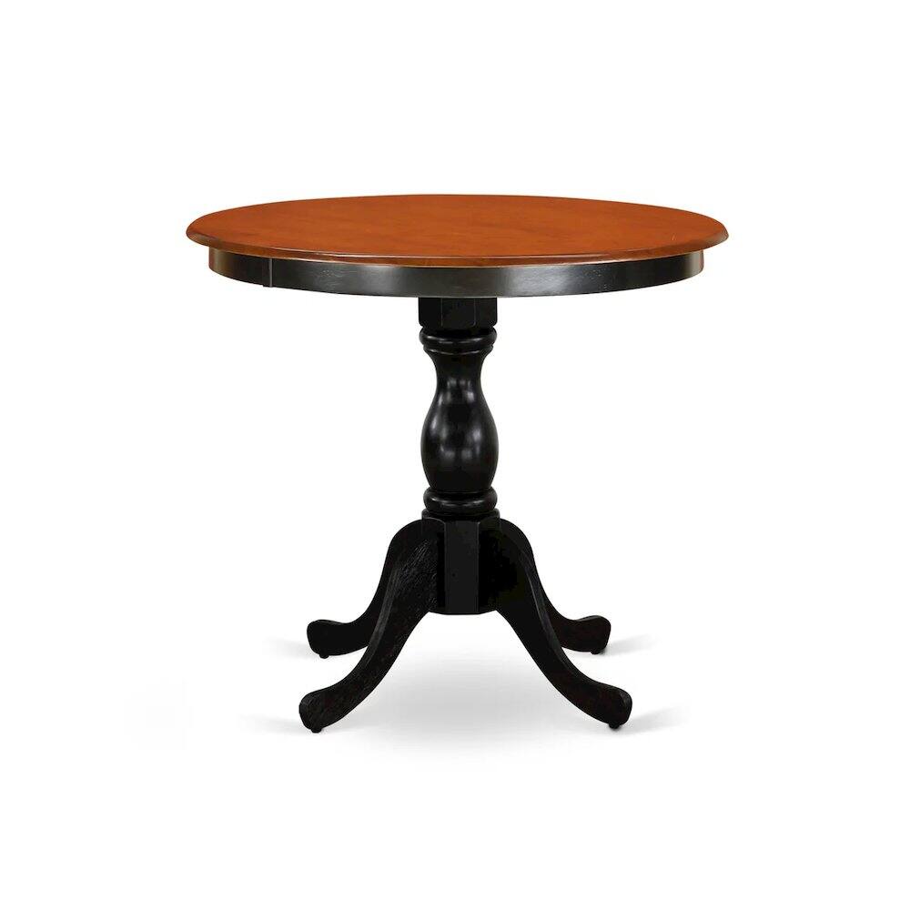 Left. East West Furniture - 3 Pc Dining Room Table Set, Round Dining Table with Pedestal, 2 Linen Fabric Upholstered Chairs - Black & Cherry.