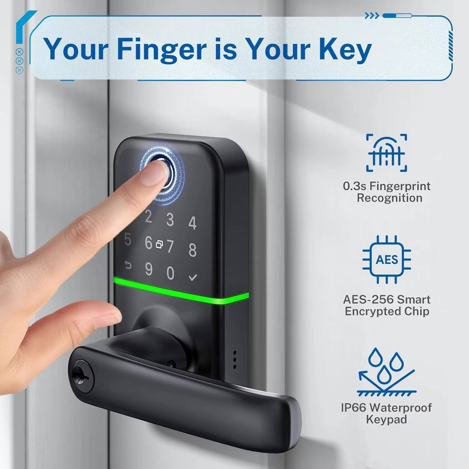 Your Finger is Your Key

0.3s Fingerprint Recognition

AES-256 Smart Encrypted Chip

IP66 Waterproof Keypad
