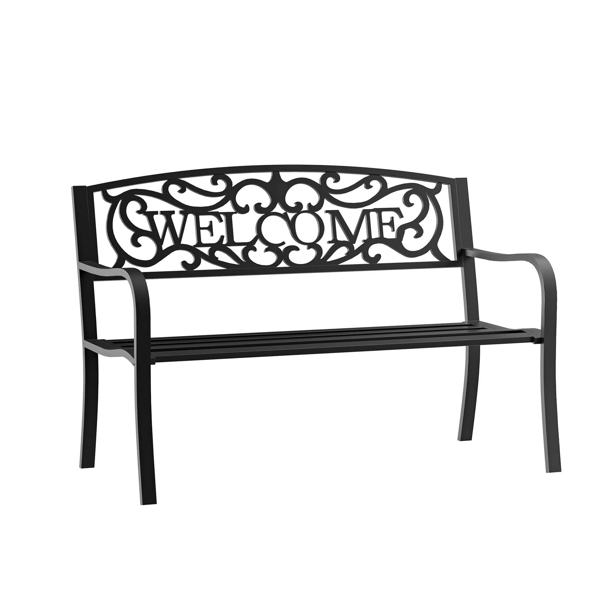 Resenkos - 50" Outdoor Bench, Cast Iron Decorative Bench, 2-Person Loveseat, Patio Bench for Backyard, Porch - Black