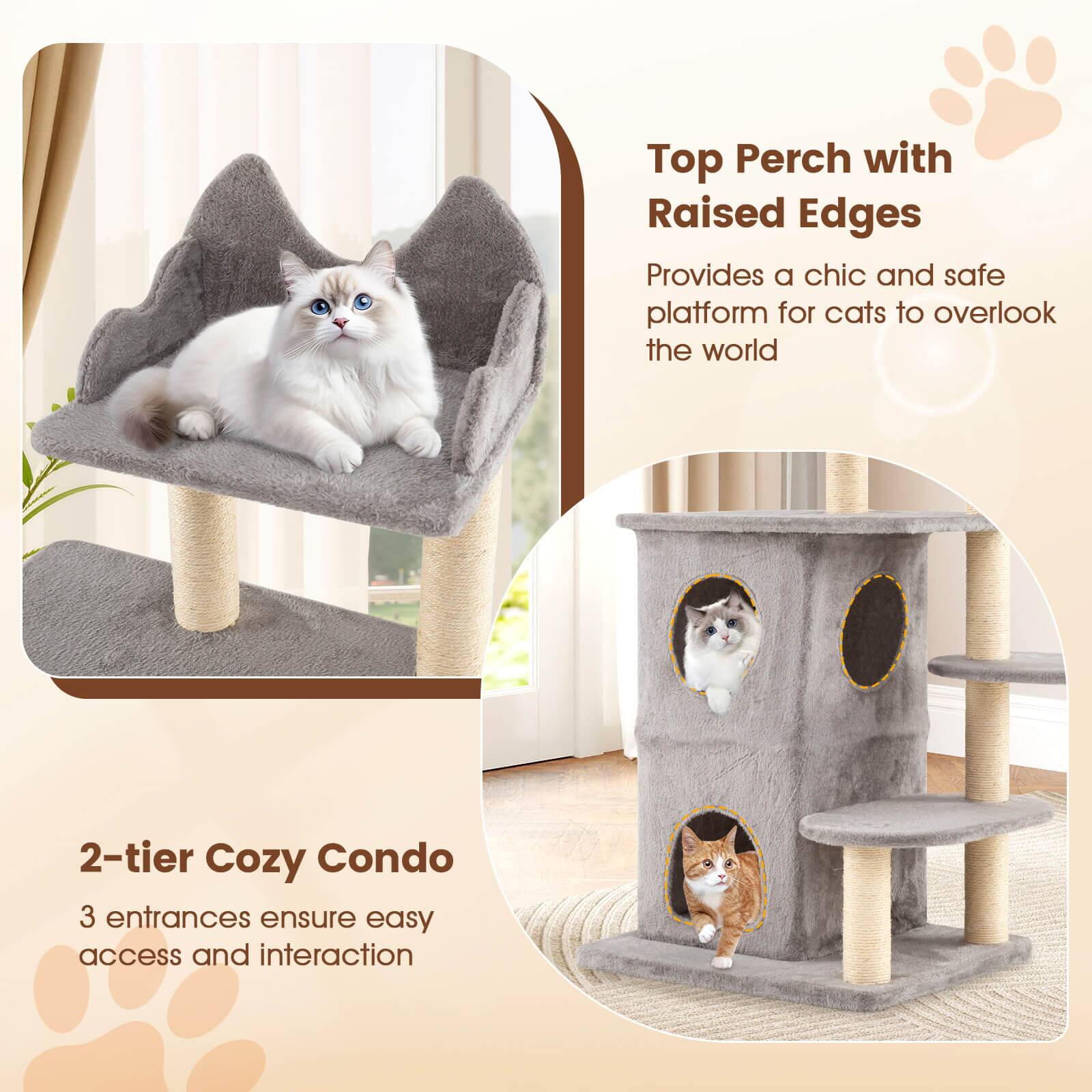 Top Perch with Raised Edges  
Provides a chic and safe platform for cats to overlook the world  

2-tier Cozy Condo  
3 entrances ensure easy access and interaction