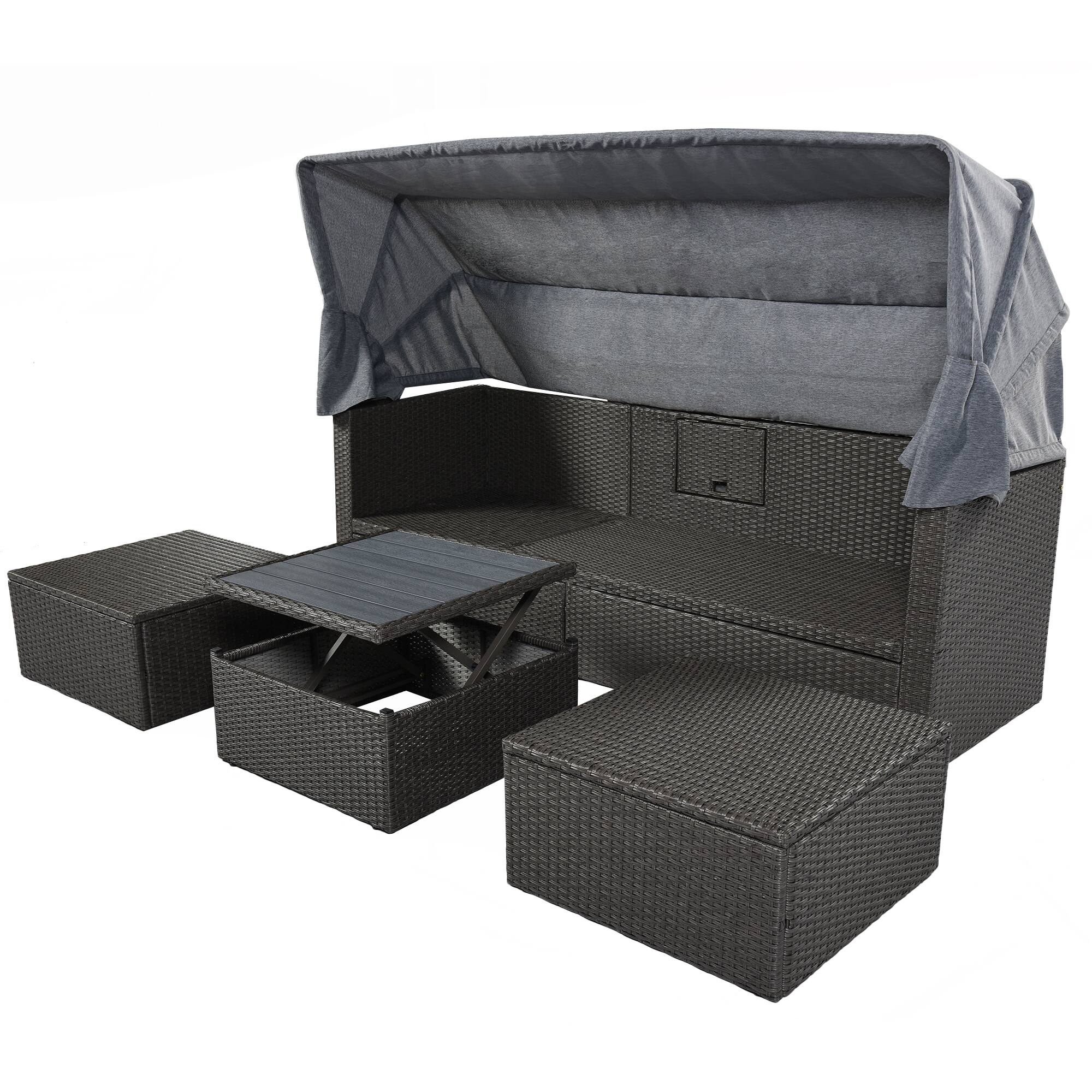 Alt View 2. Siljoy - Outdoor Patio Rectangular Daybed w/Retractable Canopy, Wicker Sectional Seating with Washable Cushions - Gray.