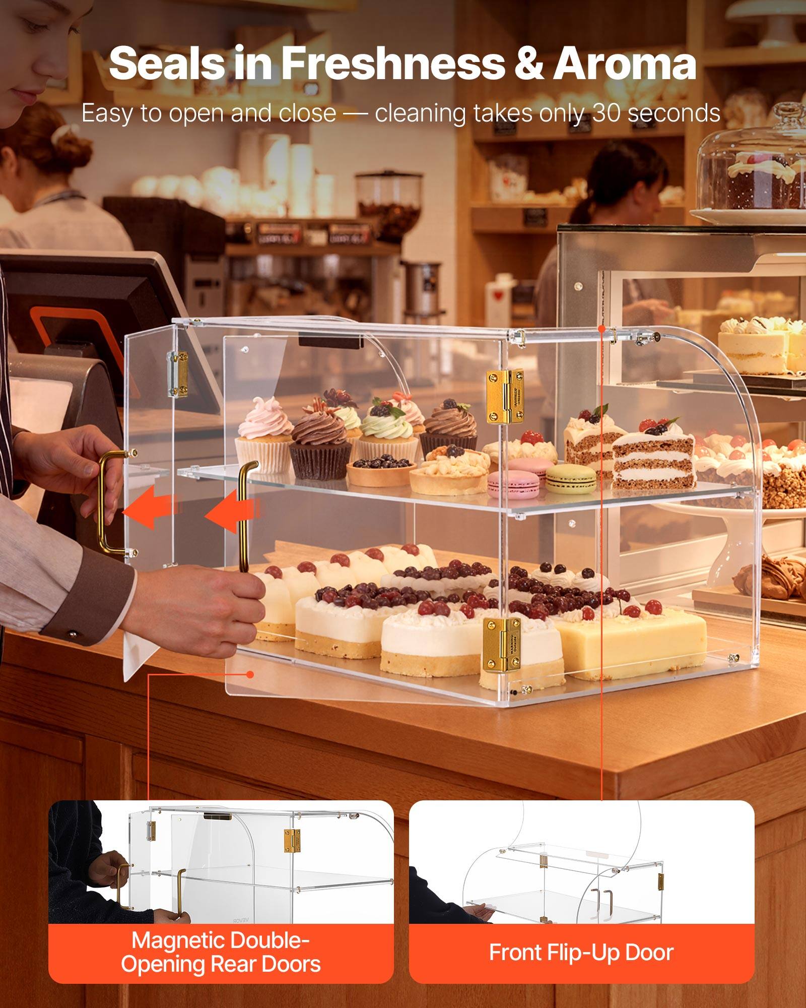 Seals in Freshness & Aroma  
Easy to open and close — cleaning takes only 30 seconds  

Magnetic Double-Opening Rear Doors  
Front Flip-Up Door