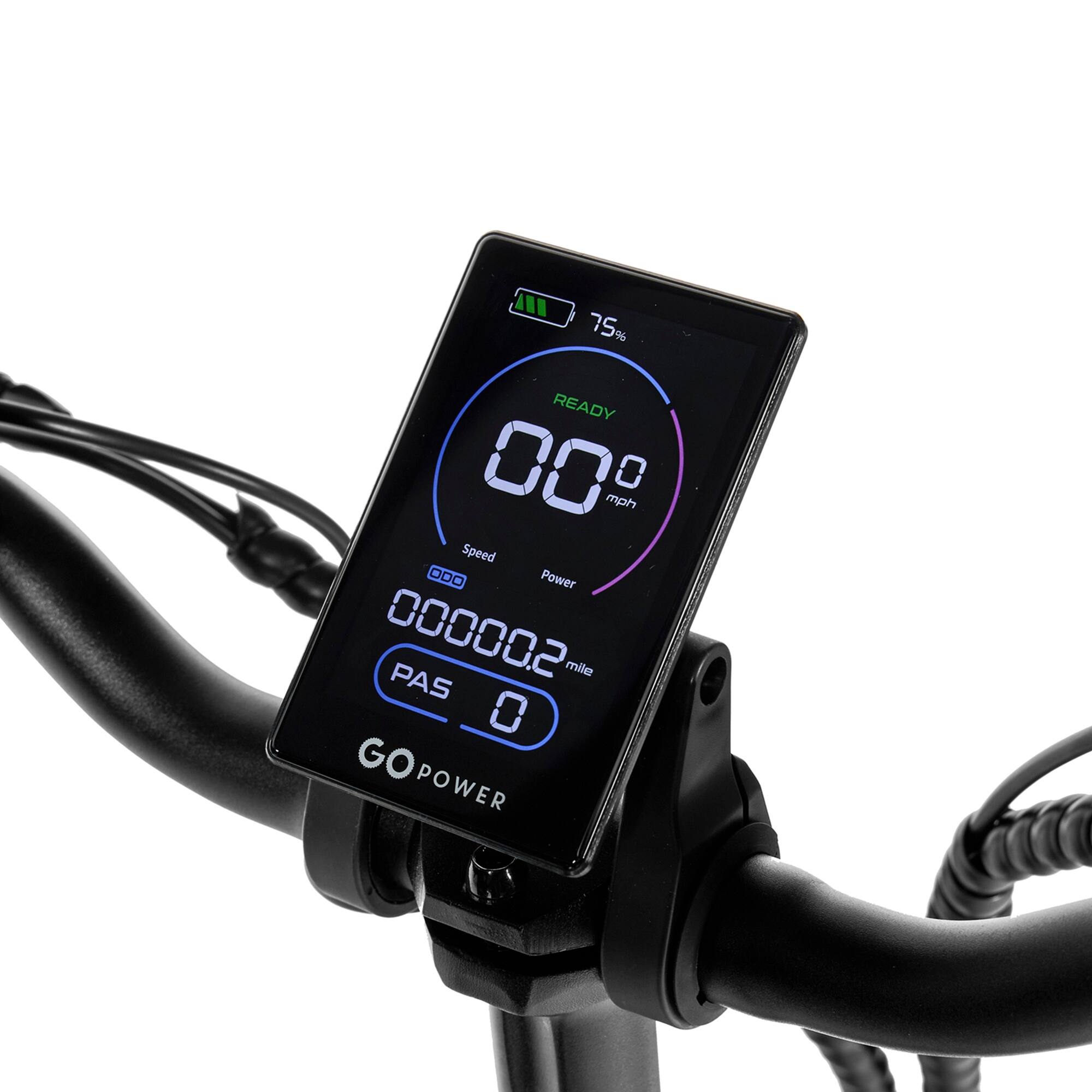 75% READY  
00 mph  
0 Speed  
ODO Power 00000.2  
PAS mile 0  
GO POWER