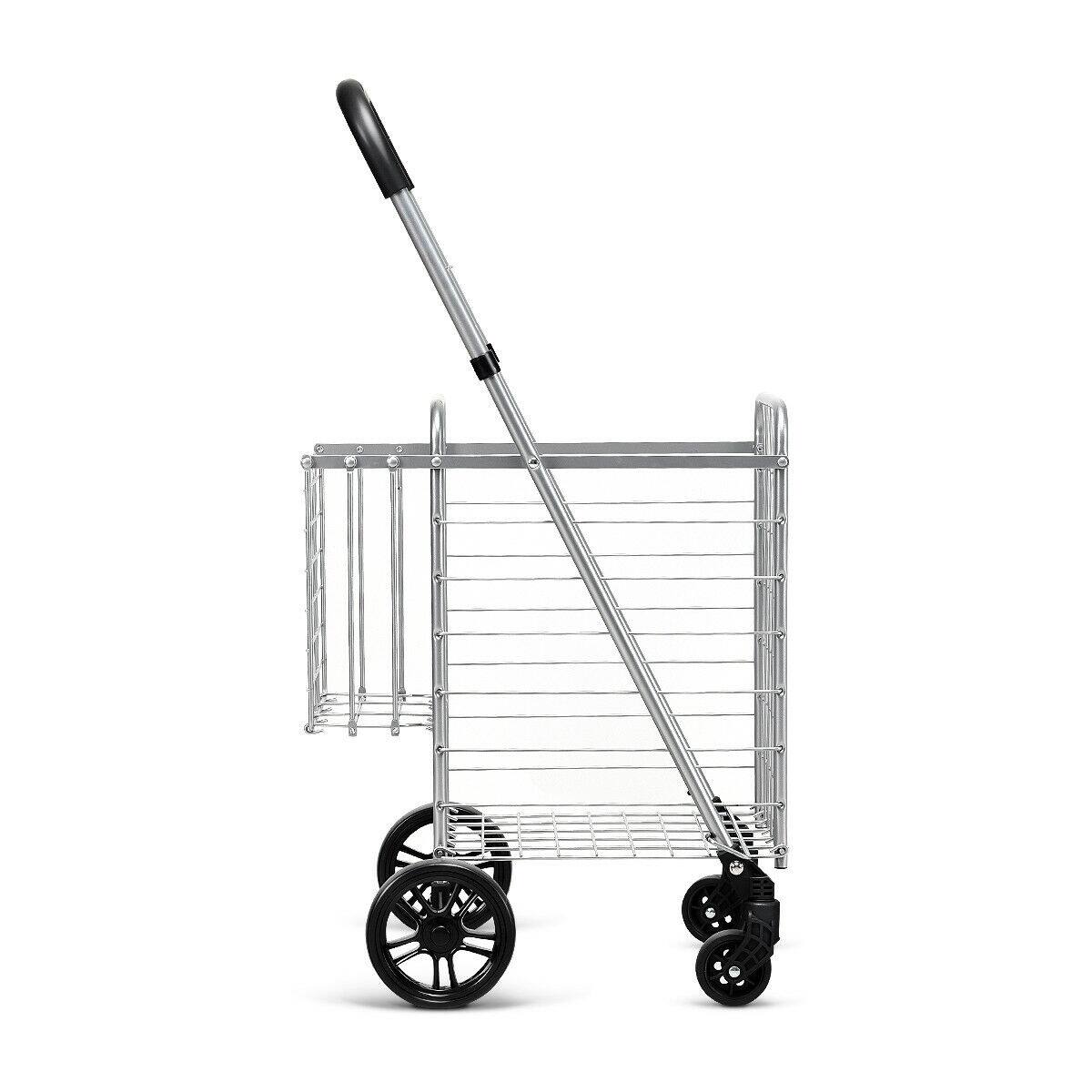 Alt View 1. Costway - Folding Shopping Cart Jumbo Basket Rolling Utility Trolley with Adjustable Handle - Silver.