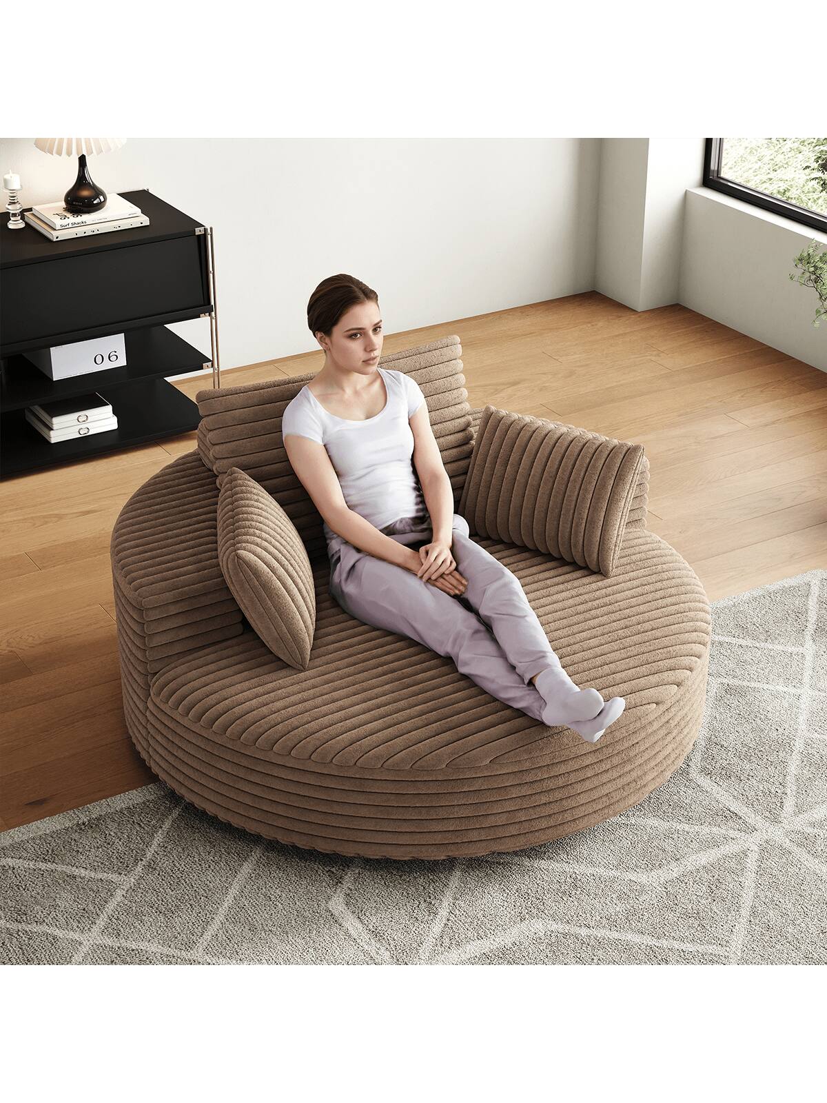 Angle. Trinkets Crazed - 55" L Oversized Swivel Chair, Upholstered Corduroy Comfy Accent Chaise Lounge Sofa Chair - Brown.