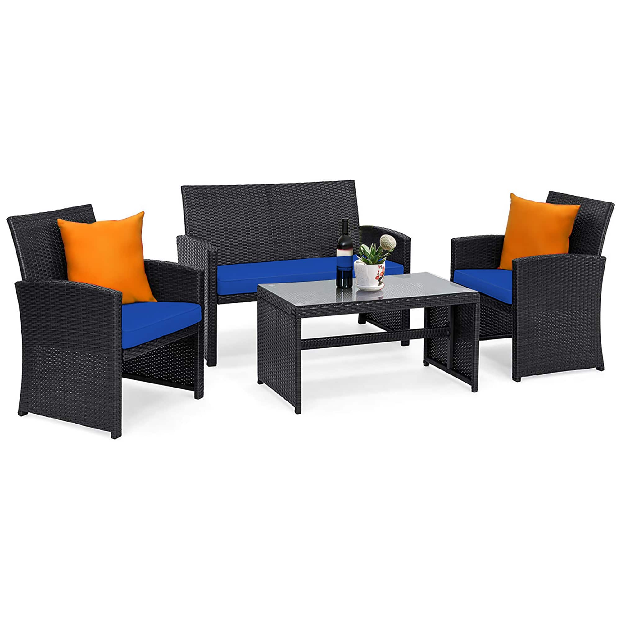 Costway - 4PCS Patio Rattan Furniture Conversation Set Cushion Sofa Table Garden - Navy