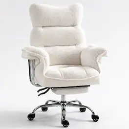 Dowinx - Big & Tall Ergonomic Chair, Wide/Thick Cushion, Reclining High-Back w/Footrest, Teddy Fleece - White