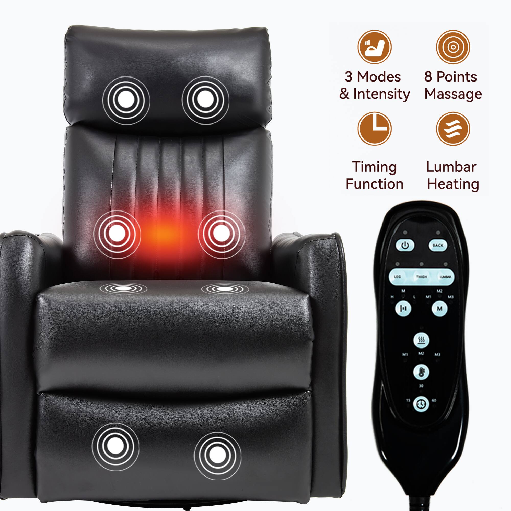 3 Modes & Intensity  
8 Points Massage  
Timing Function  
Lumbar Heating