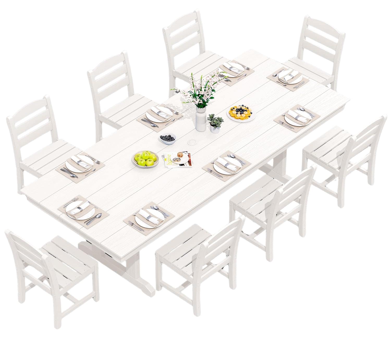 SERWALL - 9 Piece 84" HDPE Outdoor Dining Set for 8 with Armless Chairs and Umbrelle Hole - White