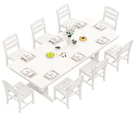 SERWALL - 9 Piece 84" HDPE Outdoor Dining Set for 8 with Armless Chairs and Umbrelle Hole - White