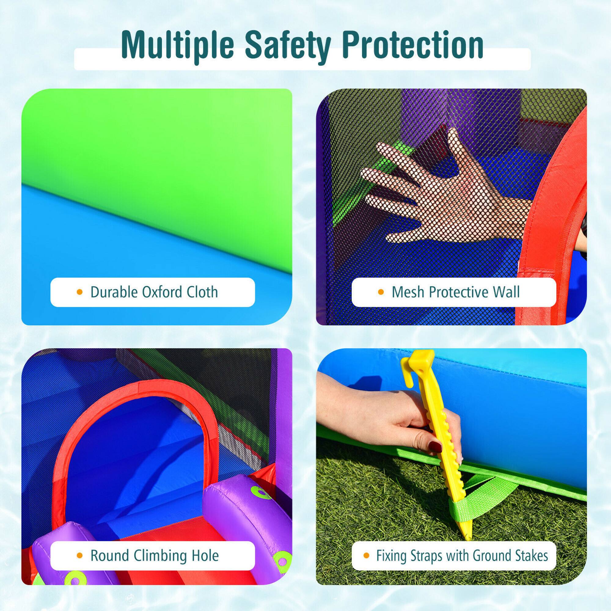 Multiple Safety Protection

- Durable Oxford Cloth
- Mesh Protective Wall
- Round Climbing Hole
- Fixing Straps with Ground Stakes