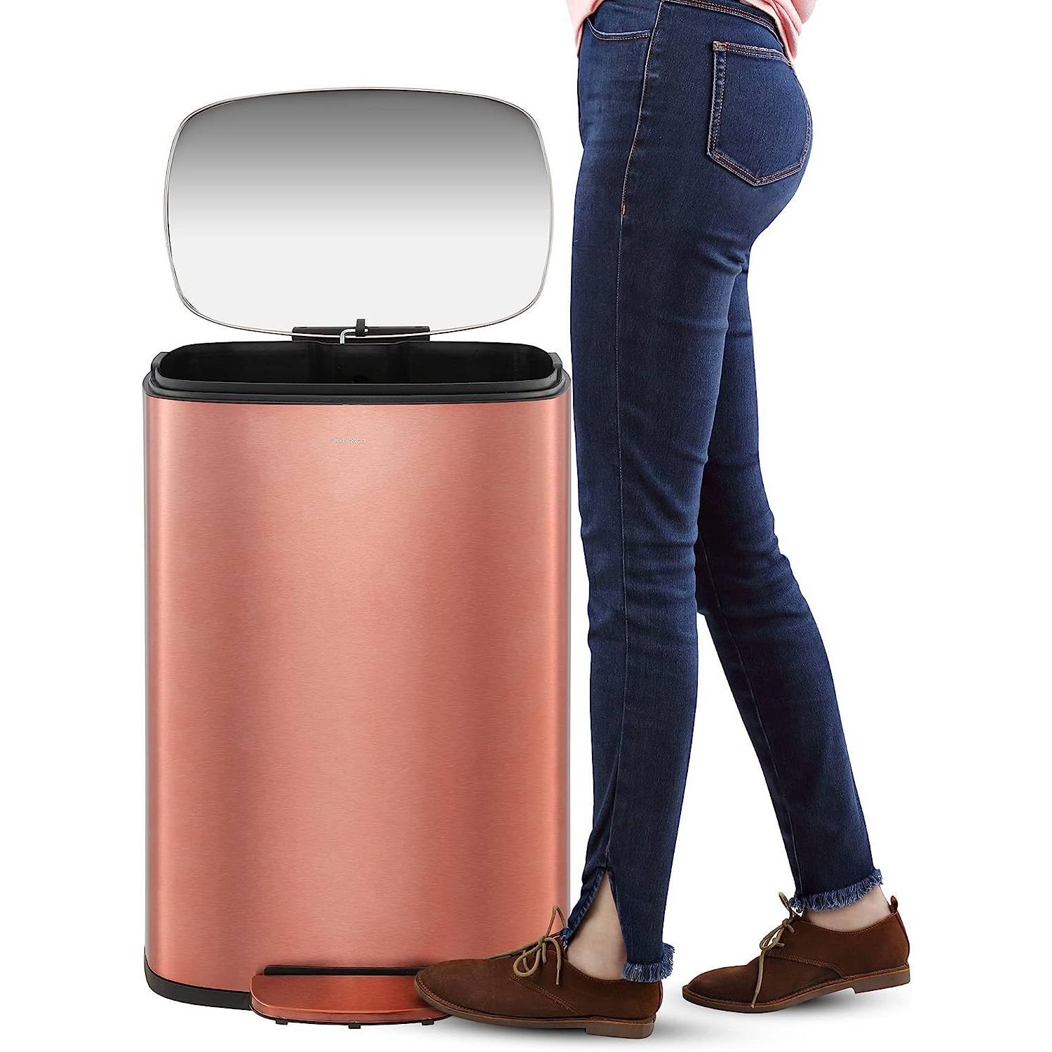 Left. Hivvago - Set of 2 - Copper Gold Step-on Trash Can - 13-Gallon and 1.3-Gallon - Copper Gold.