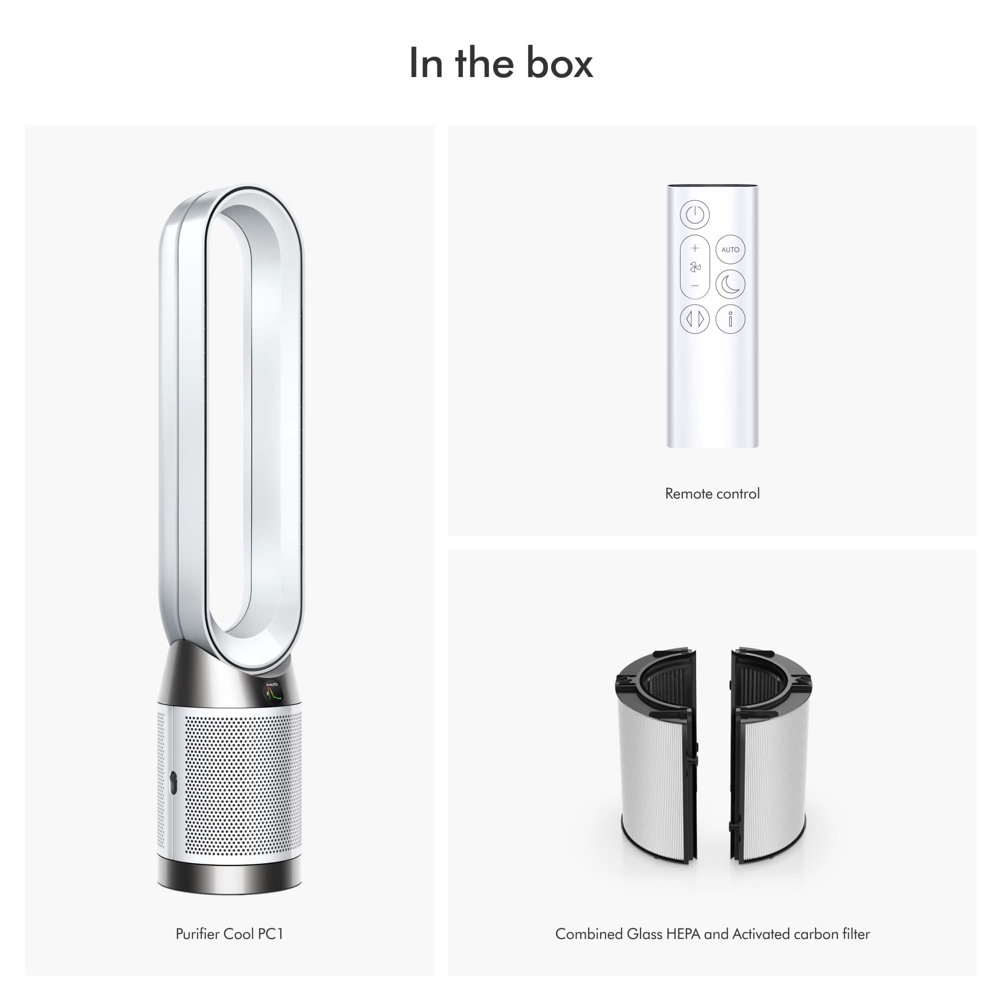 In the box:
1. Remote control
2. Purifier Cool PC1
3. Combined Glass PA and Activated carbon filter