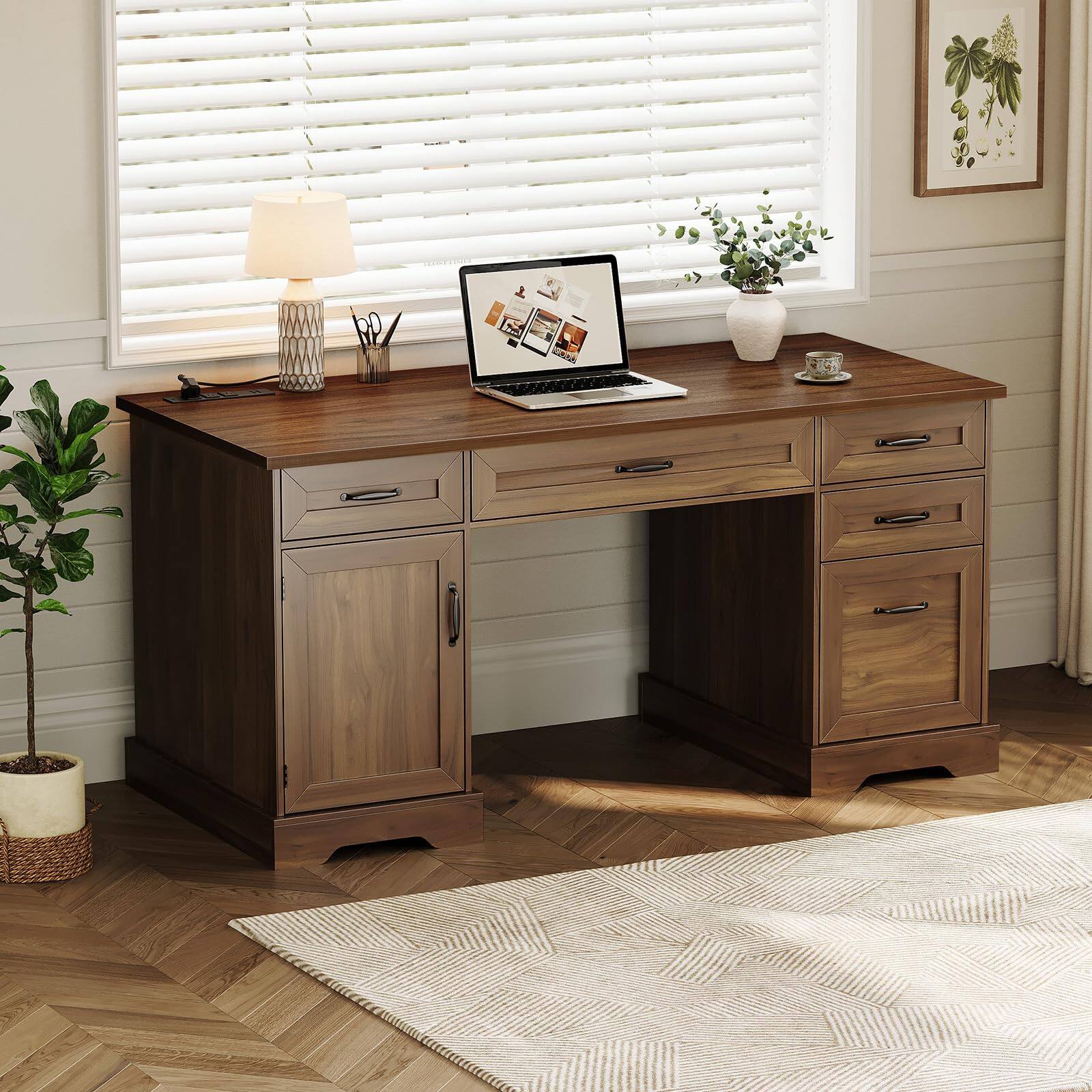 Alt View 3. OffiGo - 59 Inch Farmhouse Desk with Drawers, Executive Computer Desk with Charging Station & File Cabinet Storage - Walnut.