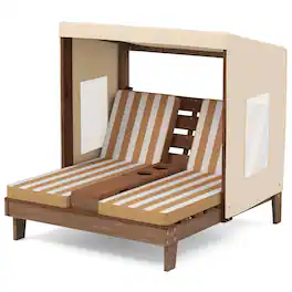 Costway - Kids Double Chaise Lounge Patio Lounge Chair with Cup Holders & Awning - Brown + Natural