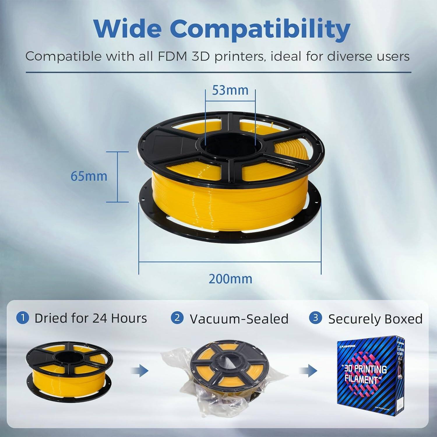 Wide Compatibility  
Compatible with all FDM 3D printers, ideal for diverse users

53mm  
65mm  
200mm

1. Dried for 24 Hours  
2. Vacuum-Sealed  
3. Securely Boxed

(MASHFORGE  
3D PRINTING FILAMENT)