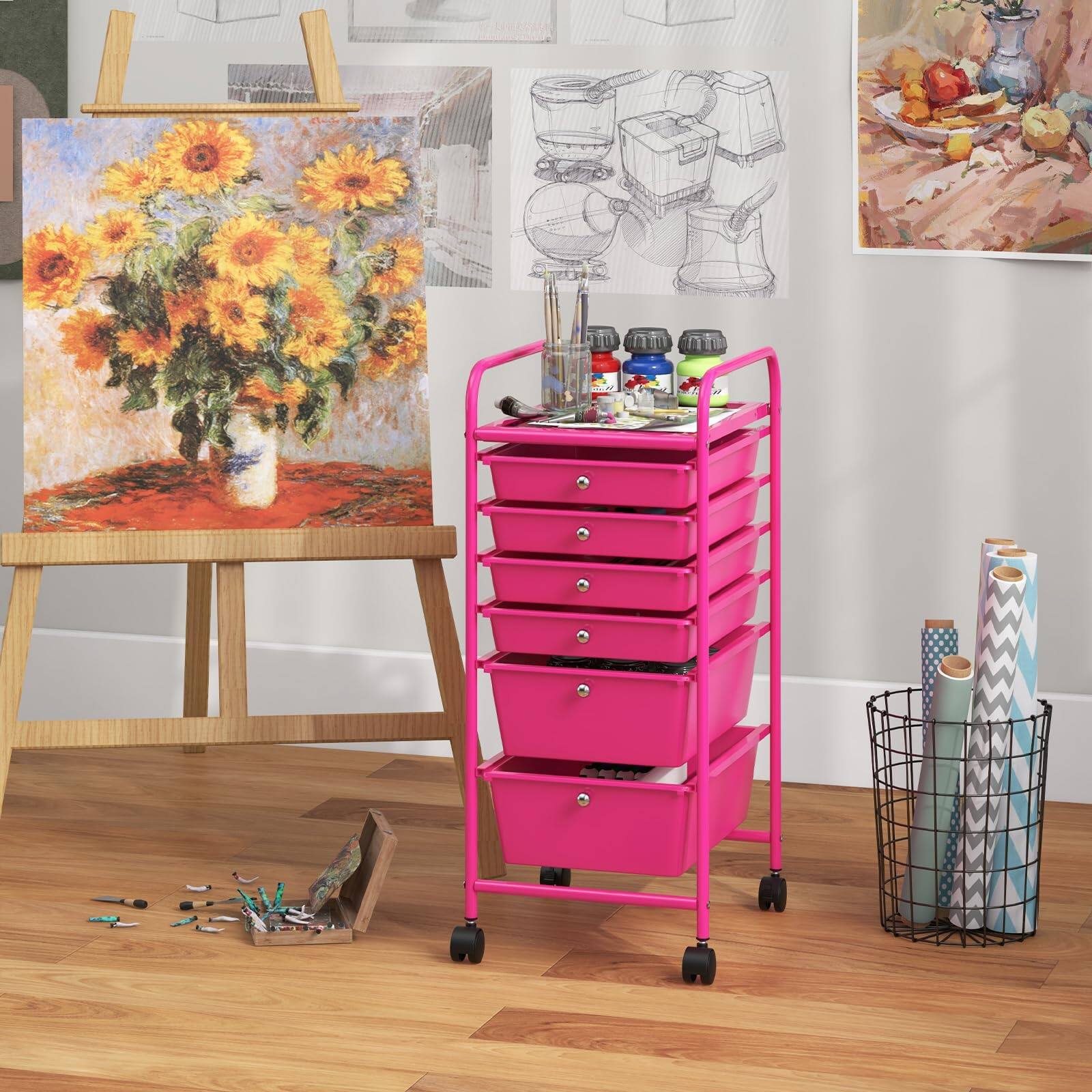 Alt View 7. Ecooso - 6-Drawer Rolling Storage Cart Organizer, Mobile Drawer Storage Unit for Classroom, Office and Craft Supplies - Pink.