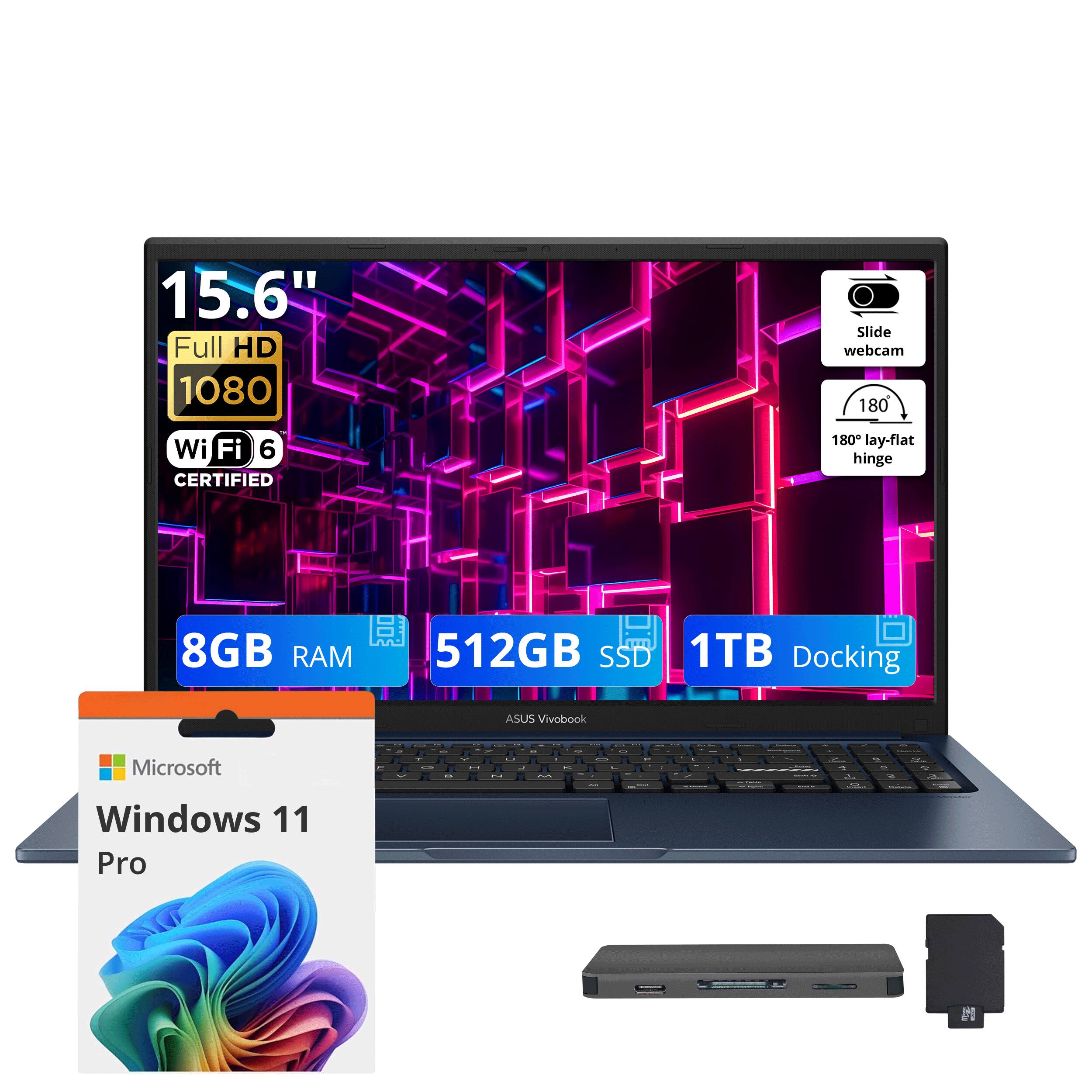15.6" Full HD 1080 Slide webcam 1 180 Wi-Fi 6 CERTIFIED 180 lay-flat hinge 8GB RAM 512GB SSD 1TB Docking ASUS Vivobook Microsoft Windows 11 Pro