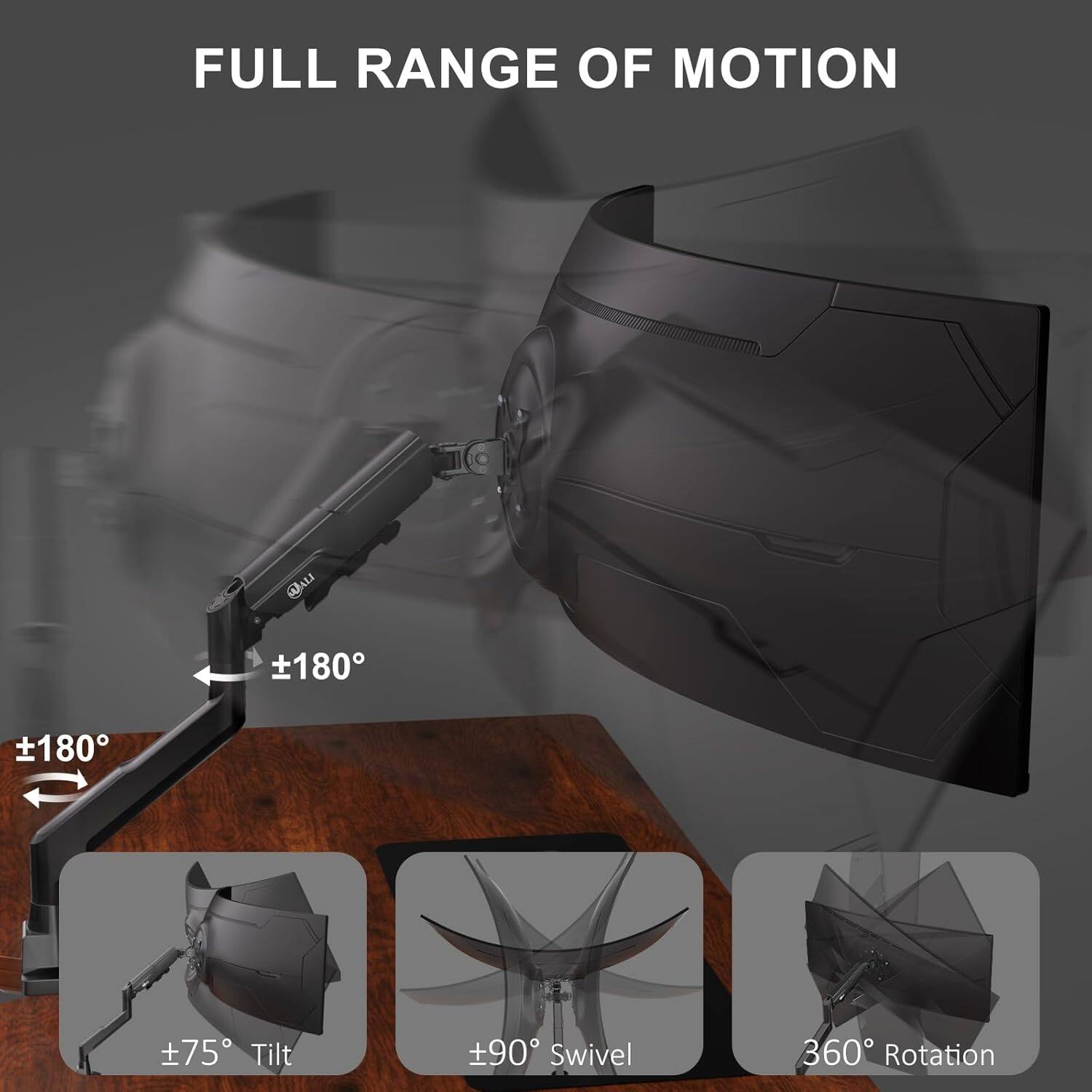 FULL RANGE OF MOTION

±180°

±180°

±75° Tilt

±90° Swivel

360° Rotation