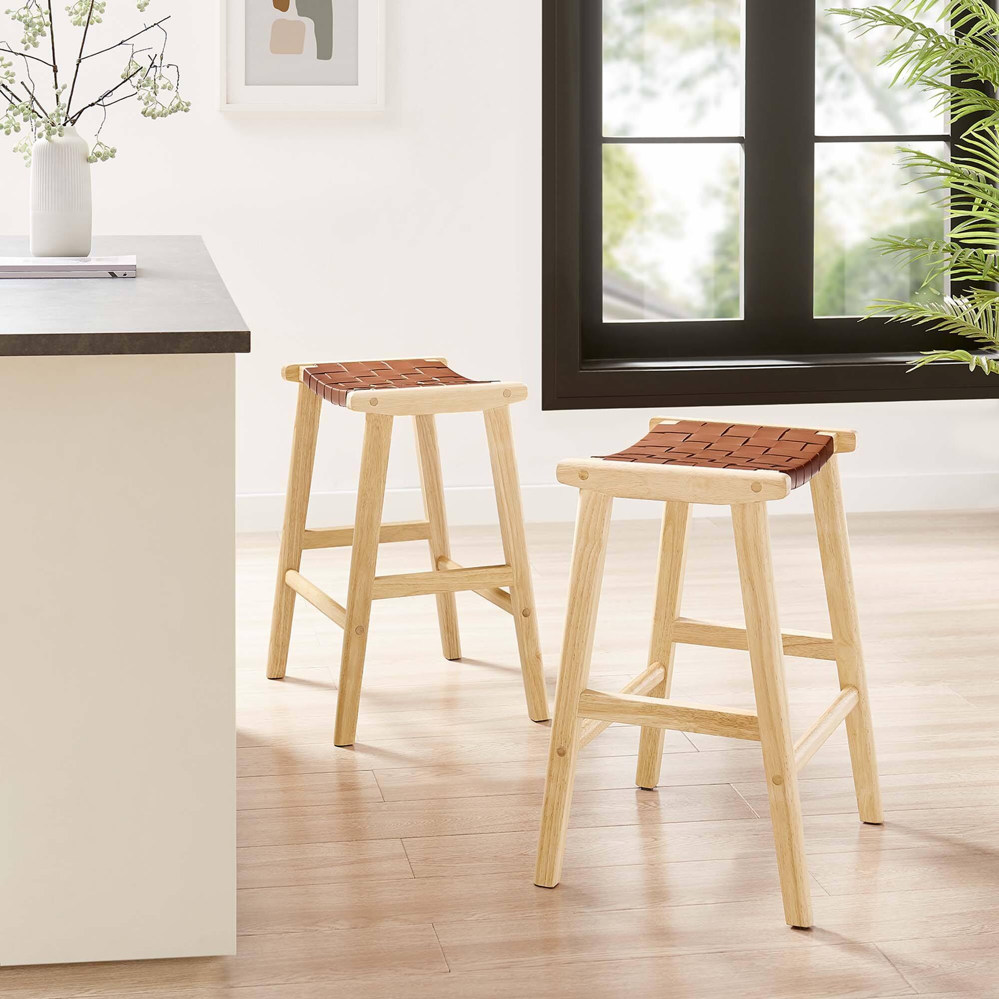 Alt View 1. Modway - Saoirse Faux Leather Wood Counter Stool Set of 2 by Modway - Natural Brown.