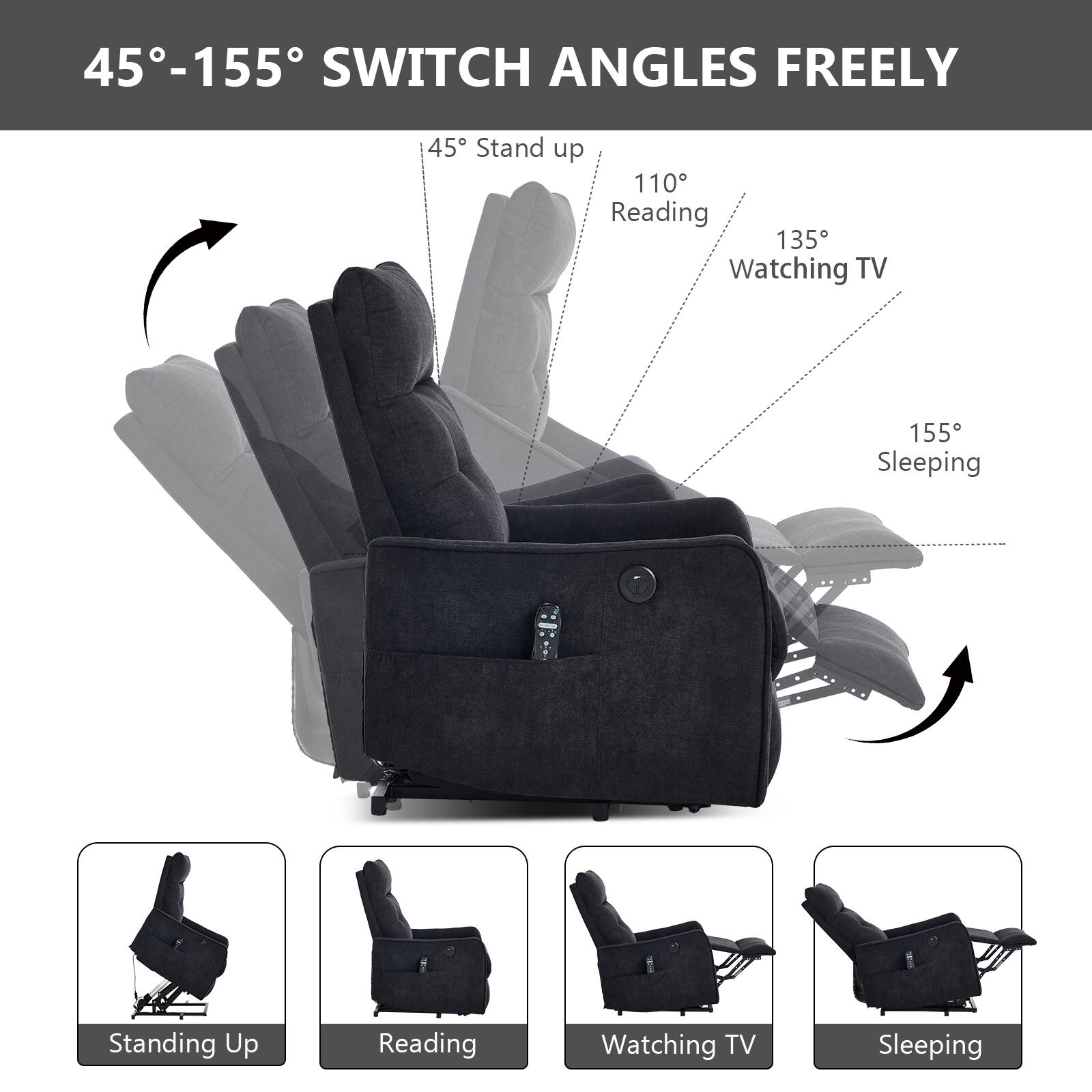 45°-155° SWITCH ANGLES FREELY

45° Stand up  
110° Reading  
135° Watching TV  
155° Sleeping  

Standing Up  
Reading  
Watching TV  
Sleeping