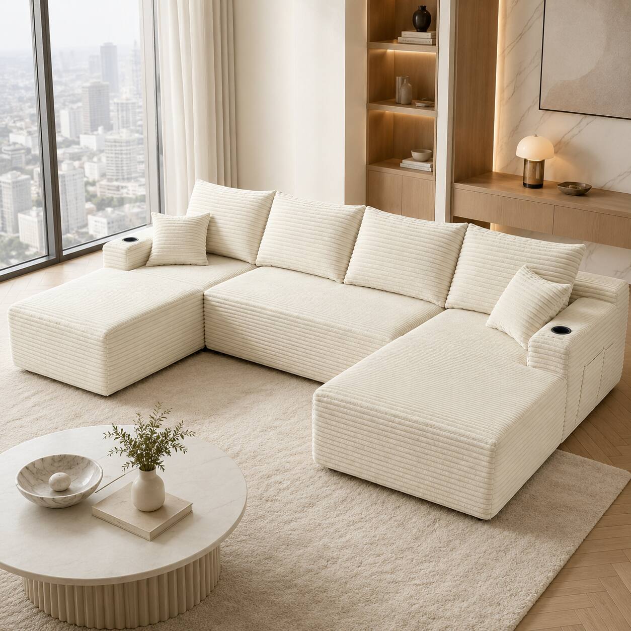 Angle. Anysun - 134" Modern Modular Design U-Shape Cloud Sectional Sofa with Side Pockets & Cup Holders, Deep Seating - Beige.