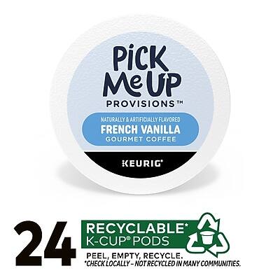 Pick Me Up Provisions™  
Naturally & Artificially Flavored  
French Vanilla Gourmet Coffee  
Keurig®  

24 K-Cup® Pods  
Recyclable*  
Peel, Empty, Recycle.  
*Check Locally - Not Recycled in Many Communities.