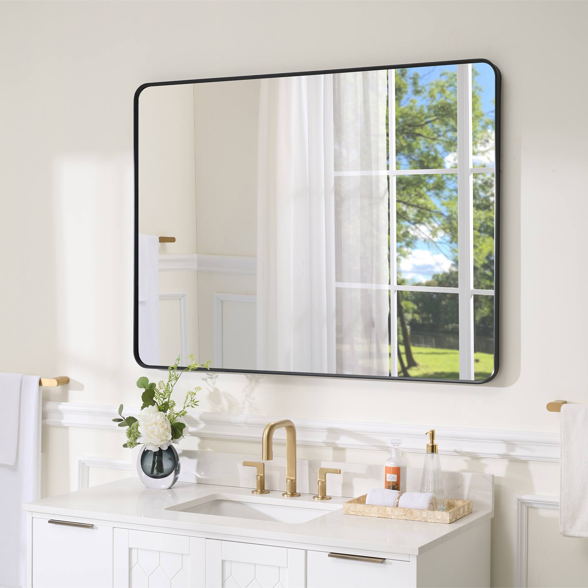 Angle. WELLFOR - 48 in. W x 36 in. H Rectangular Aluminum Framed Wall-Mounted Bathroom Vanity Mirror - Matte Black.