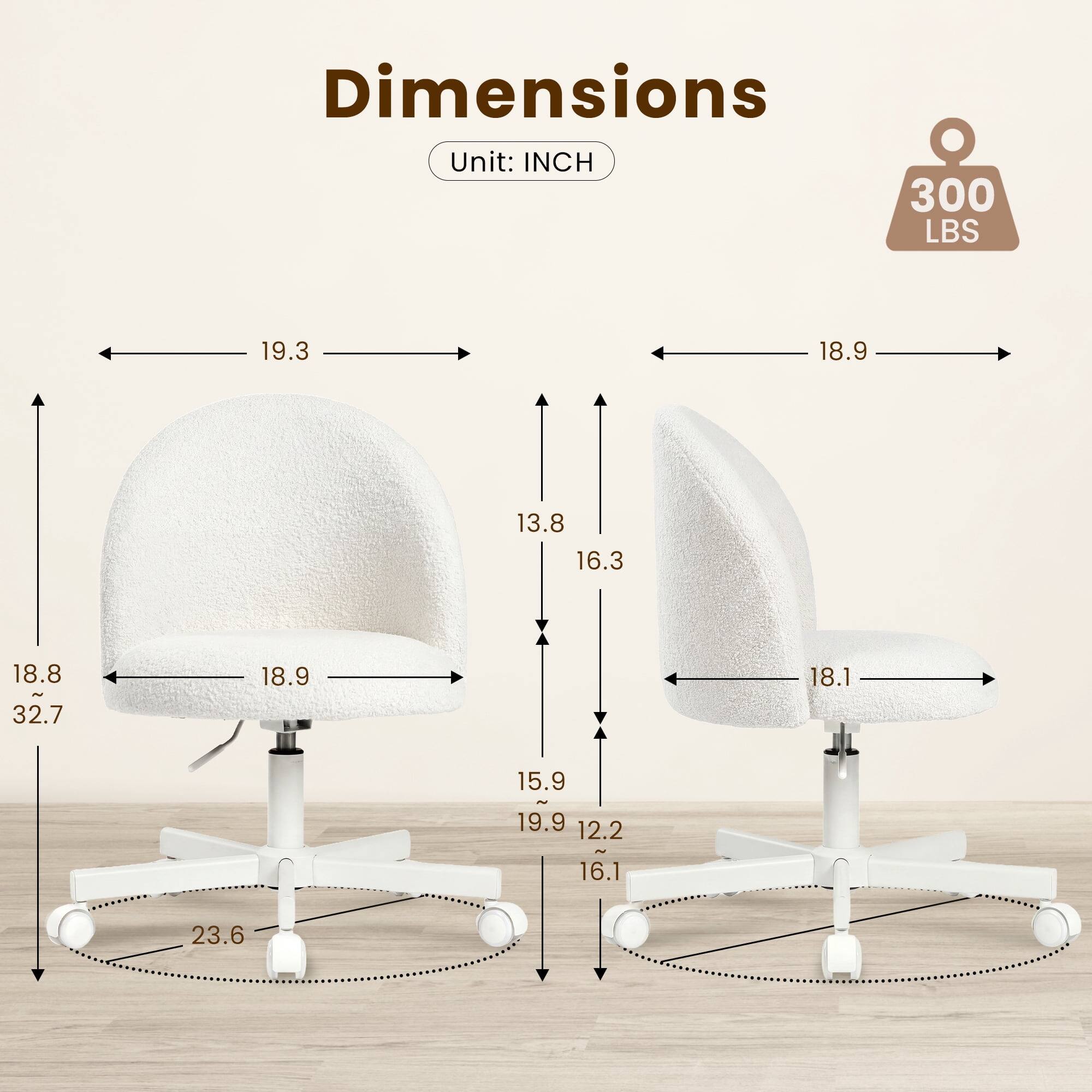 Dimensions  
Unit: INCH  
300 LBS  

19.3  
18.9  
13.8  
16.3  
18.8  
32.7  
18.9  
18.1  
15.9  
19.9  
12.2  
16.1  
23.6