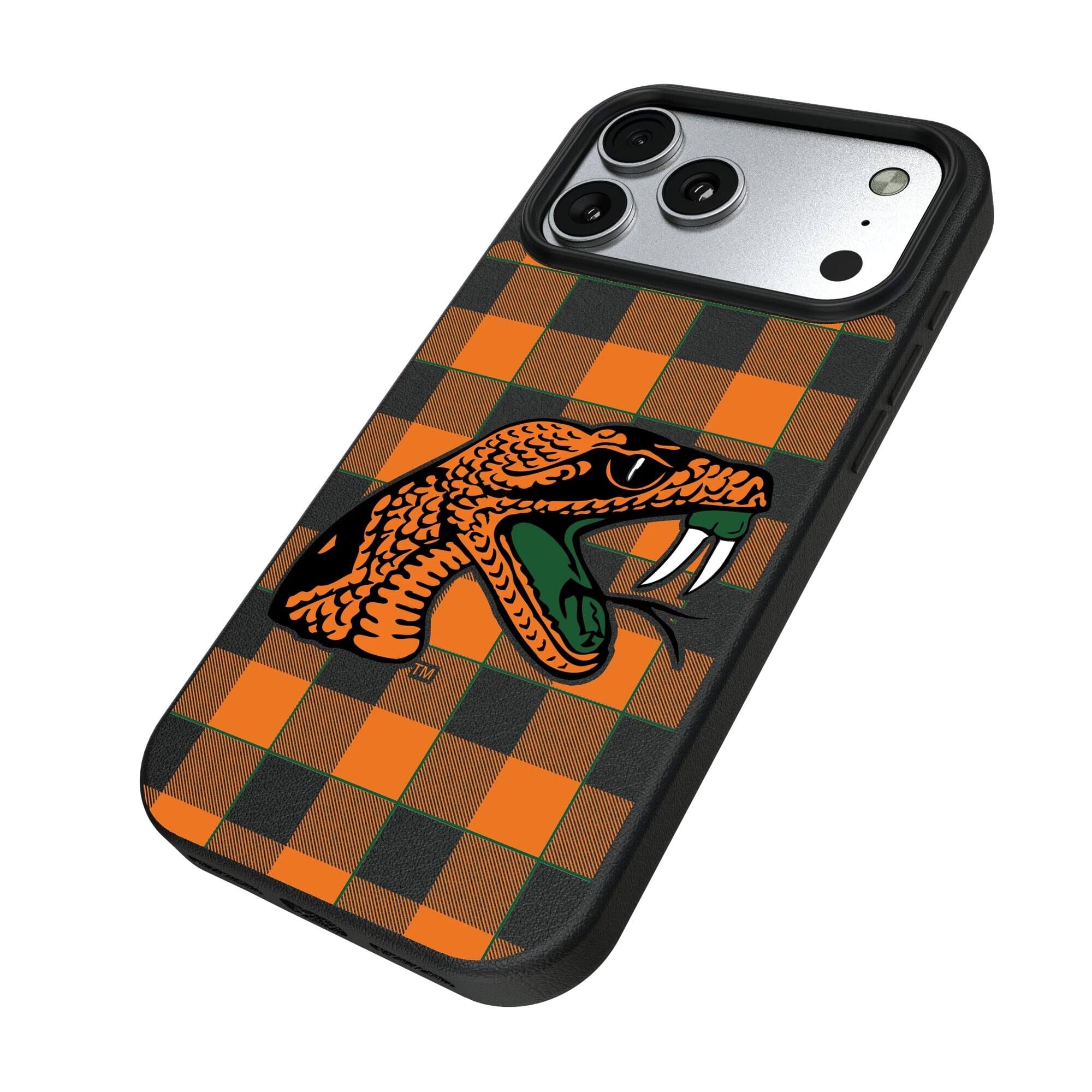 Alt View 1. Keyscaper - Florida A&M Rattlers Plaid Magnetic Bump iPhone Case - 16 - Black.