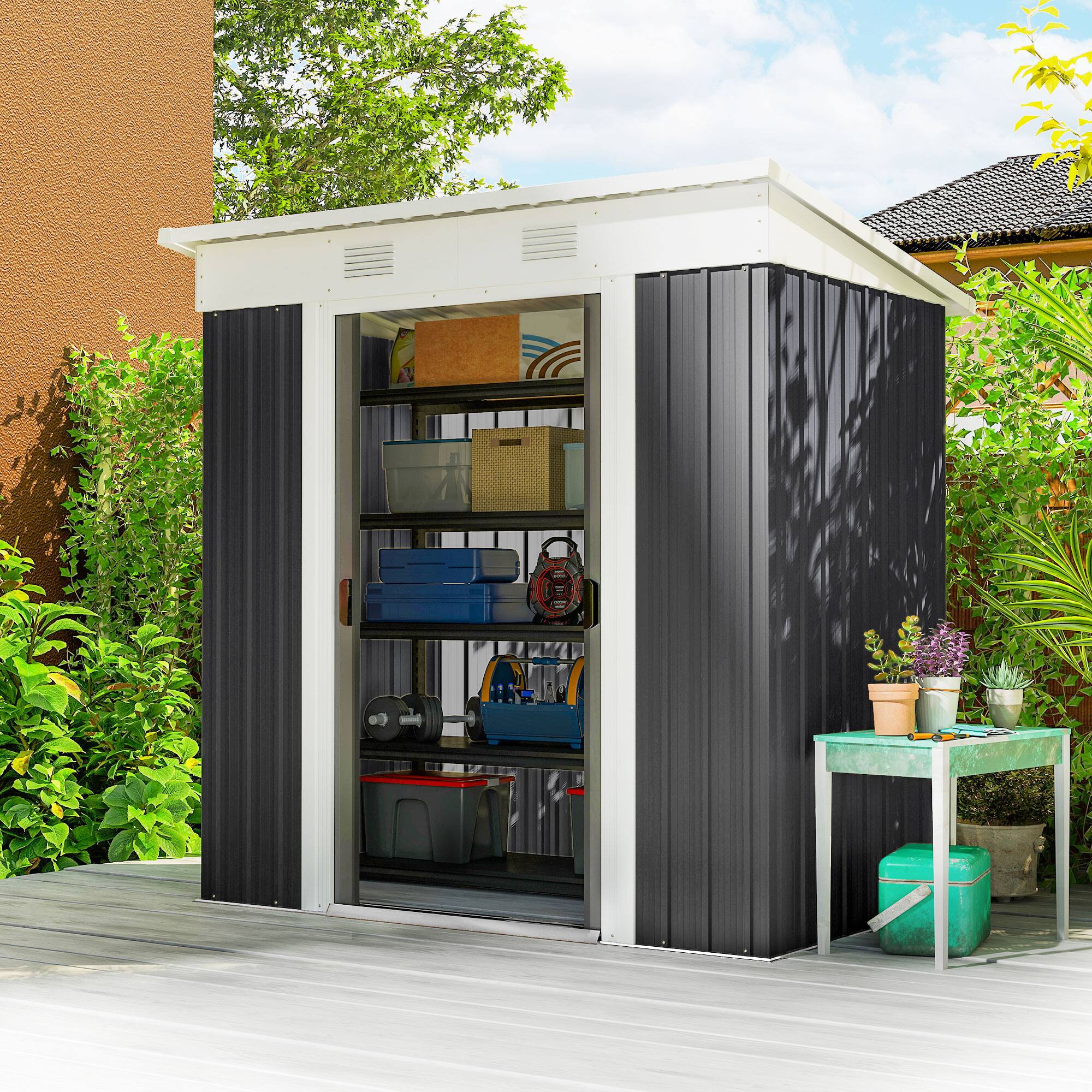 Alt View 1. Outsunny - 5.7' x 3.6' Metal Storage Shed, 2 Air Vents.