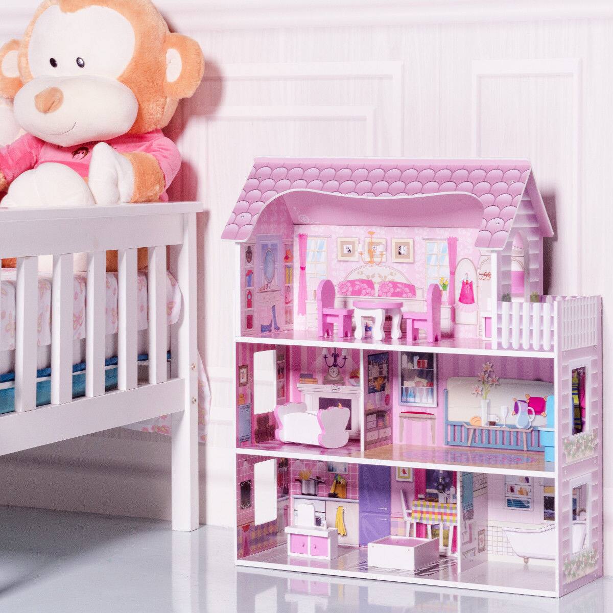 Alt View 1. Costway - Costway 28'' Pink Dollhouse w/ Furniture and Play Accessories  for Girls - Pink.