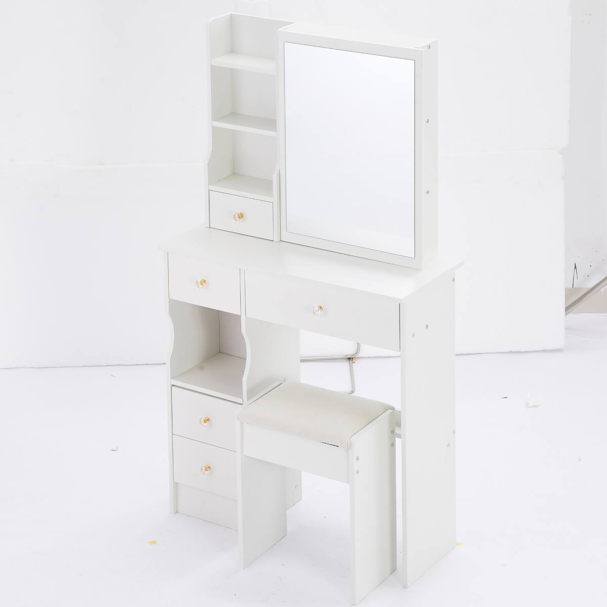 Alt View 3. Loheer - Loheer Small Space Vanity Table with Large Sliding Mirror, Left Drawer and Cushioned Stool - White.
