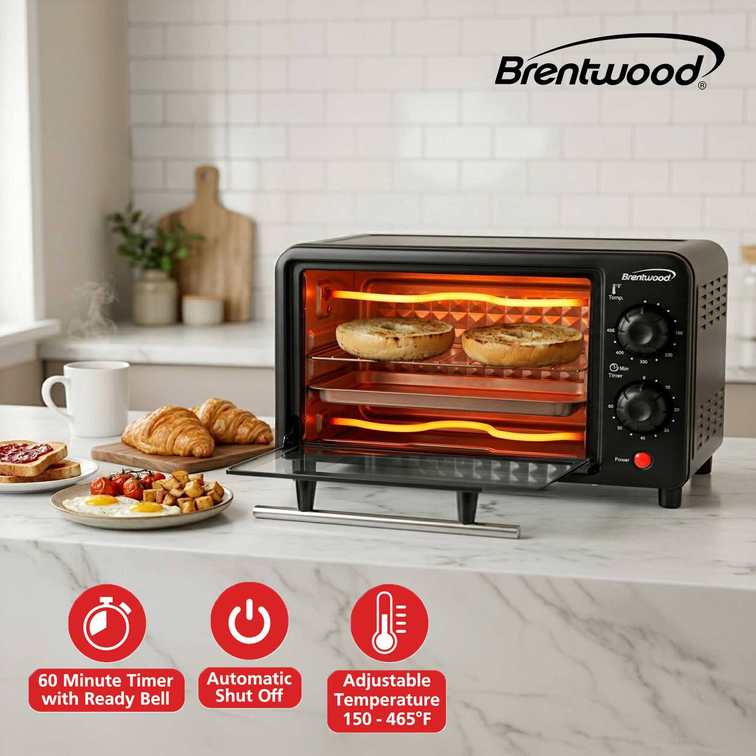 Brentwood

Brentwood I' Tomp.

45
150
400 Min Timer
500
256
C

20
to
x
C
Power

60 Minute Timer Automatic Adjustable with Ready Bell Shut Off Temperature 150-465F