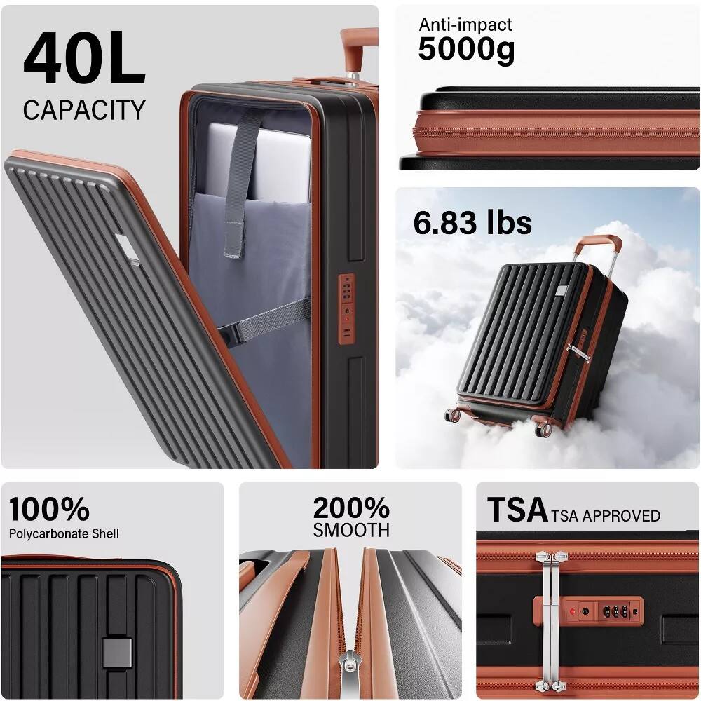 40L Capacity  
Anti-impact 5000g (6.83 lbs)  
100% Polycarbonate Shell  
200% Smooth  
TSA Approved