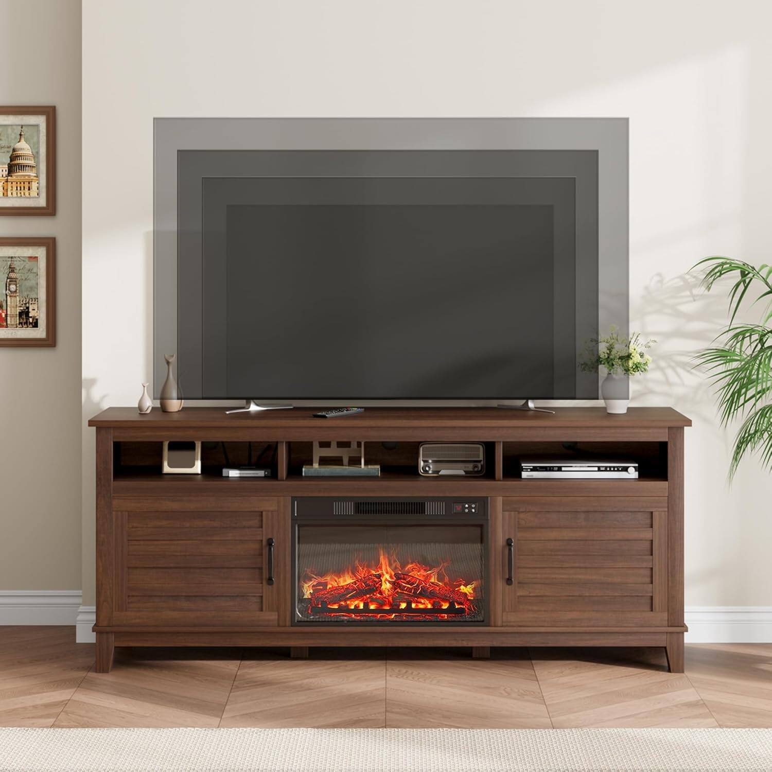 Left. Jojoka - 71" Farmhouse TV Stand with 23" Electric Fireplace, Adjustable Storage, Media Console for Living Room & Bedroom - Brown.